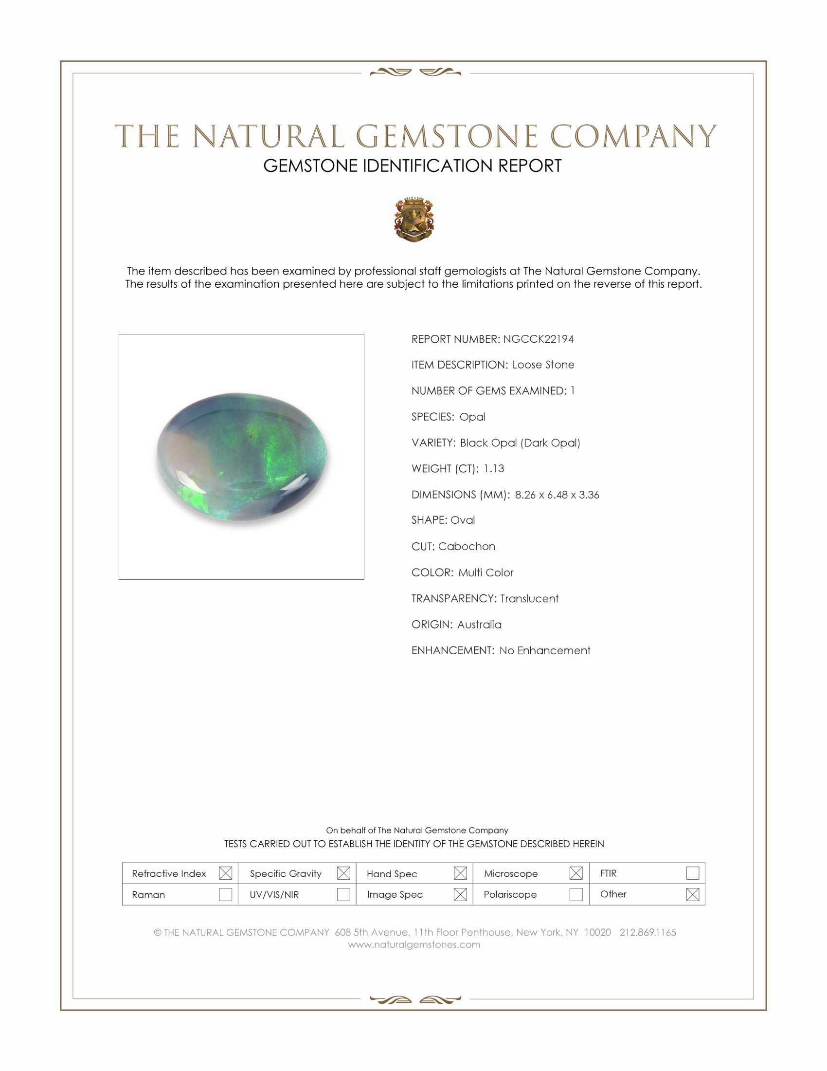 1.13 Ct. Multi Color Cabochon Black Opal (Dark Opal) from Australia