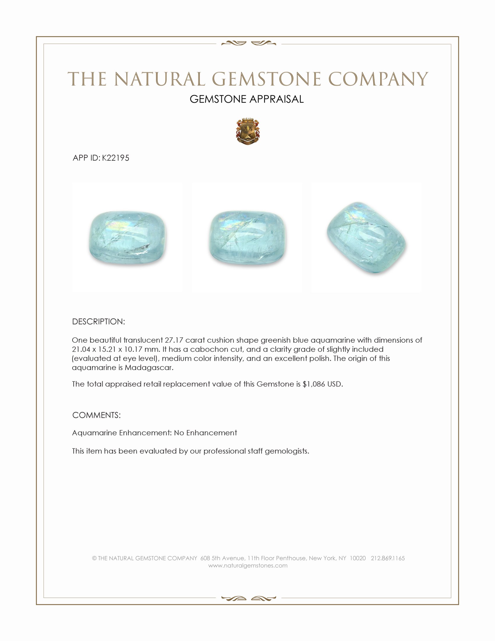 27.17 Ct. Greenish Blue Cabochon Aquamarine from Madagascar