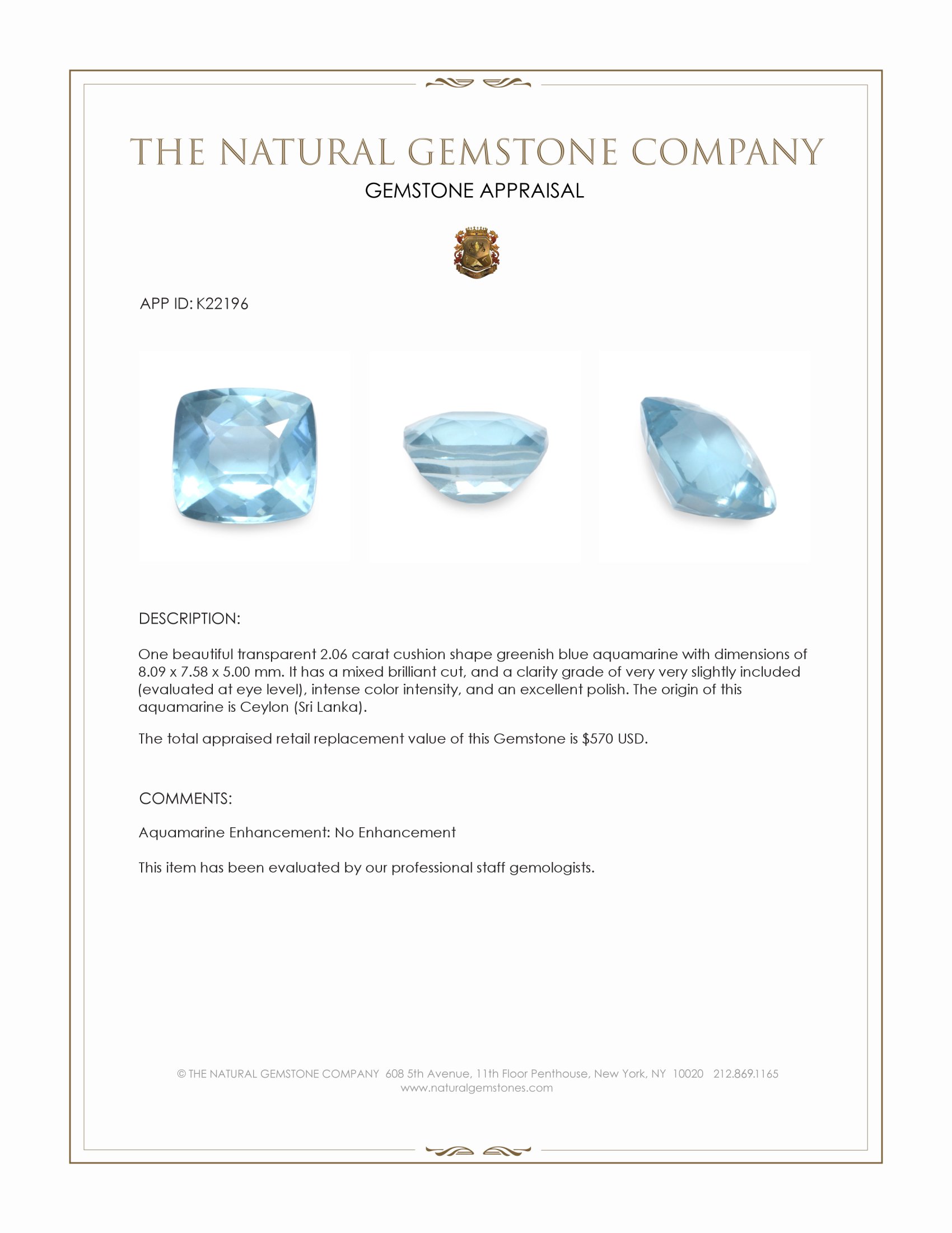 2.06 Ct. Aquamarine from Ceylon (Sri Lanka)