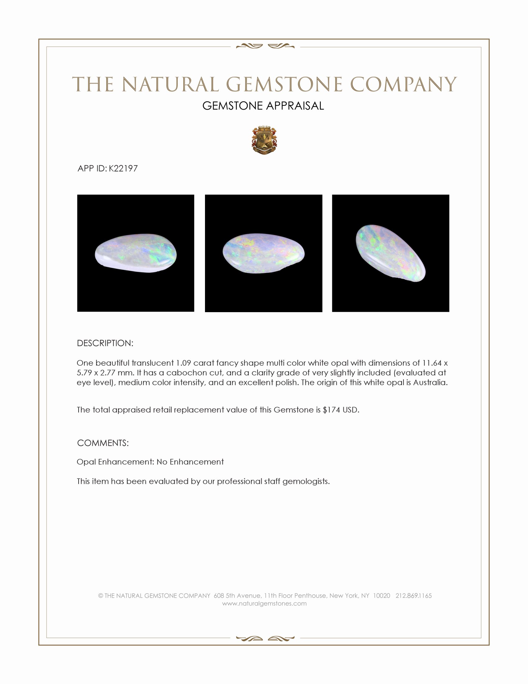 1.09 Ct. Cabochon White Opal from Australia