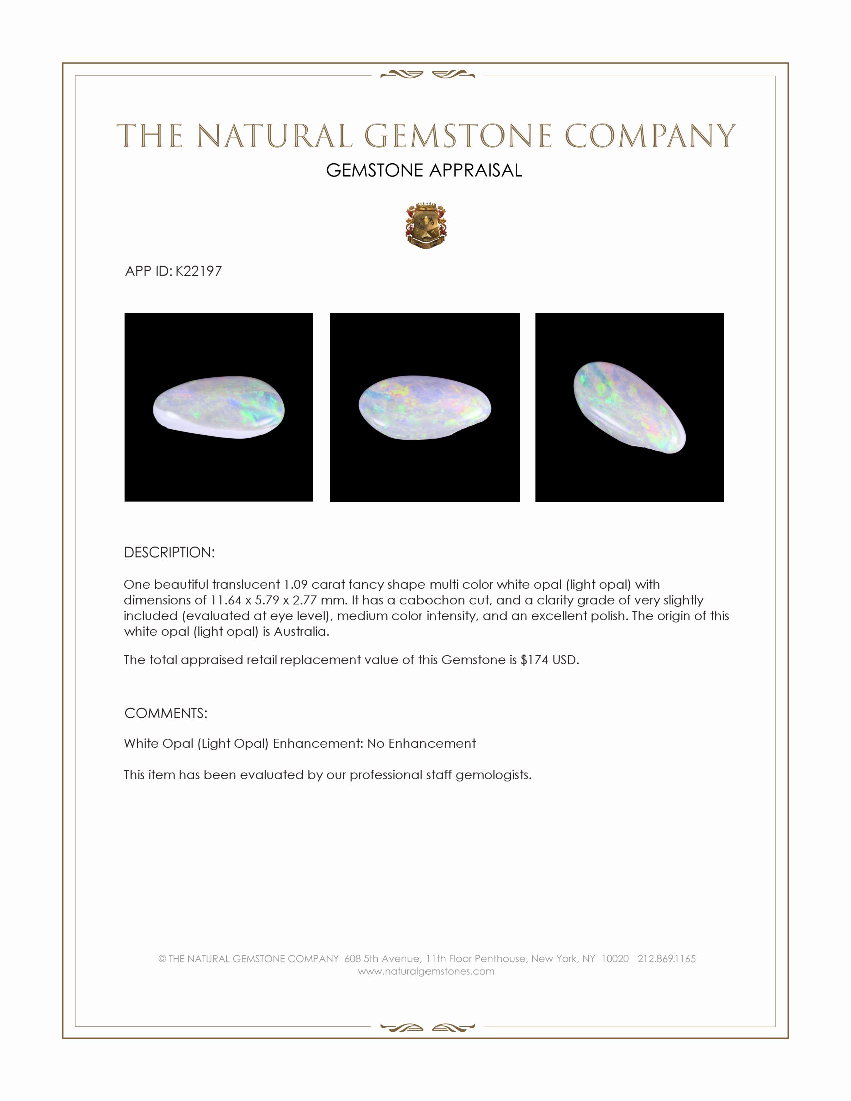 1.09 Ct. Multi Color Cabochon White Opal (Light Opal) from Australia