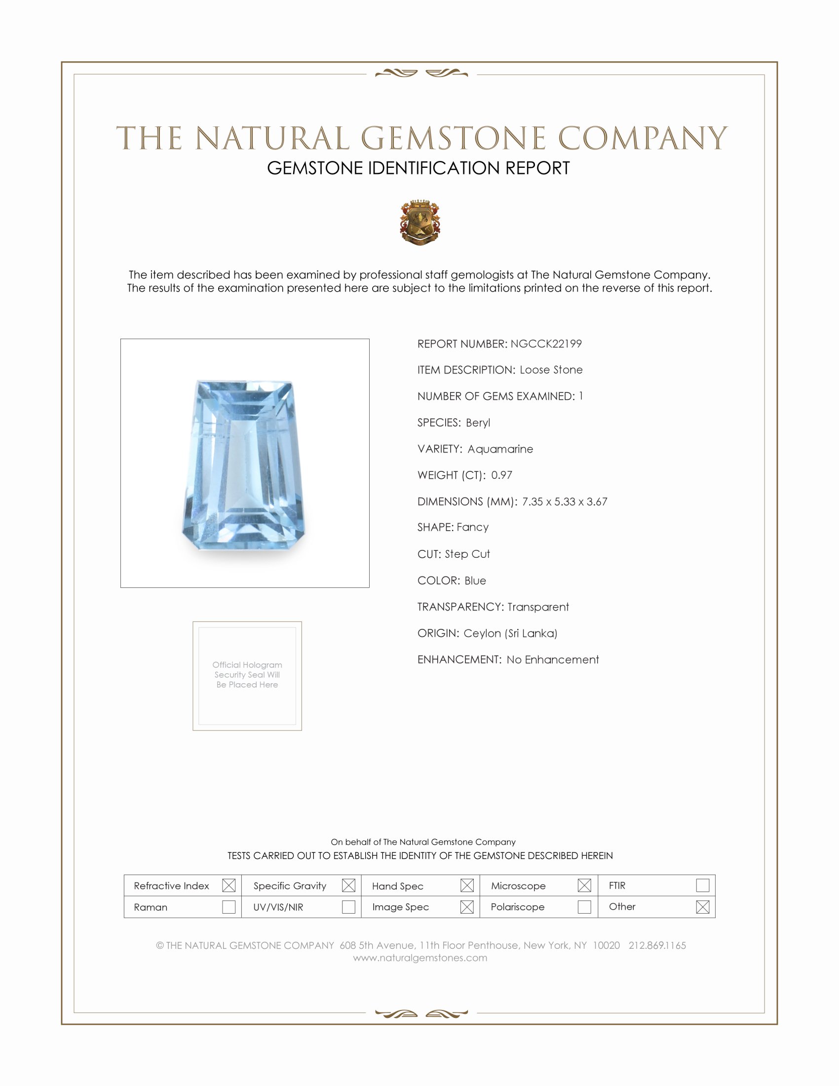 0.97 Ct. Blue Aquamarine from Ceylon (Sri Lanka)