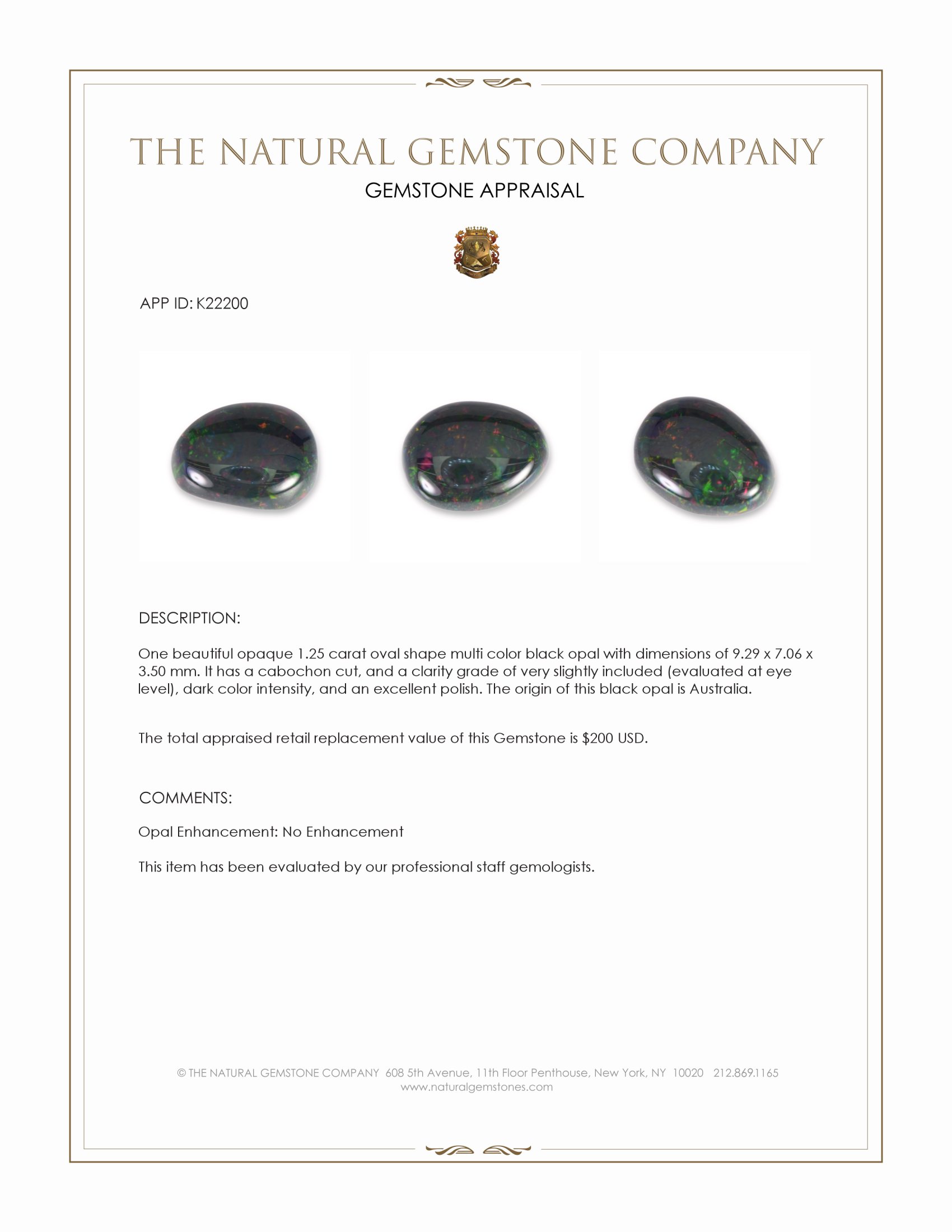 1.25 Ct. Multi Color Cabochon Black Opal (Dark Opal) from Australia