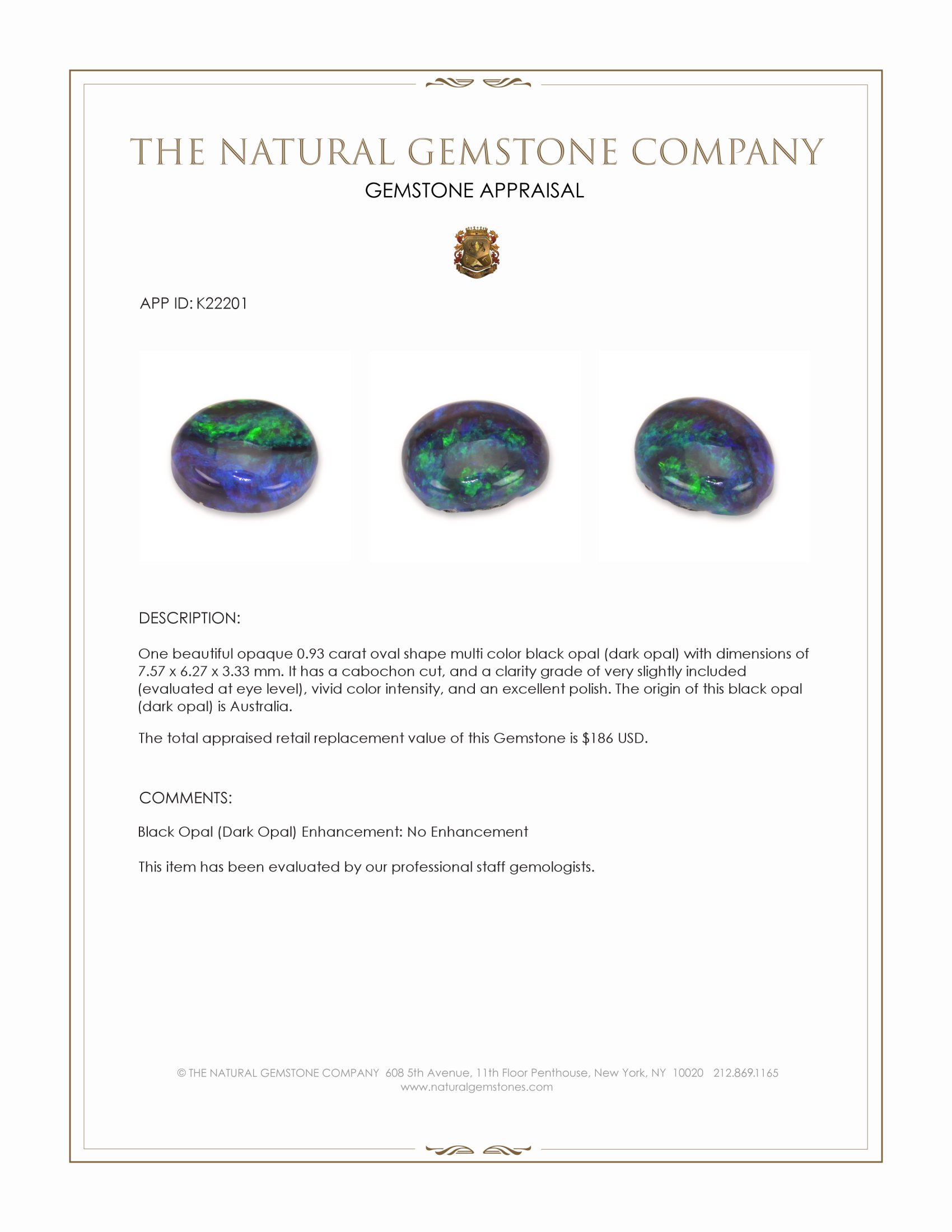 0.93 Ct. Multi Color Cabochon Black Opal (Dark Opal) from Australia