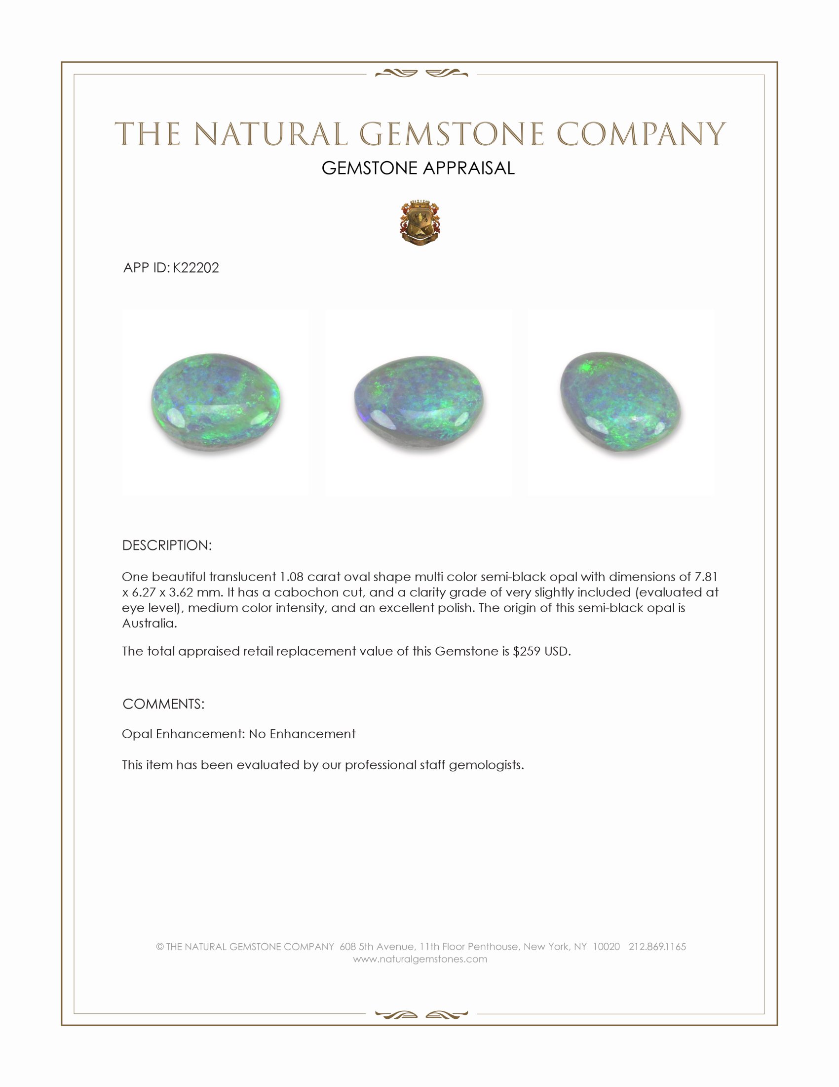 1.08 Ct. Cabochon Semi-Black Opal from Australia