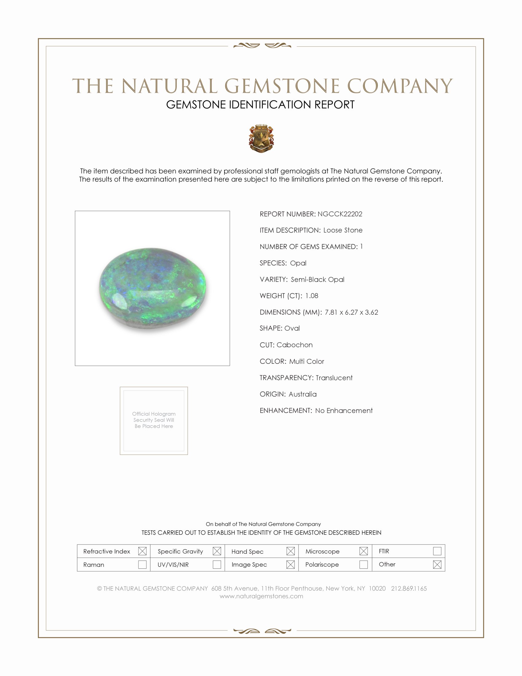 1.08 Ct. Cabochon Semi-Black Opal from Australia