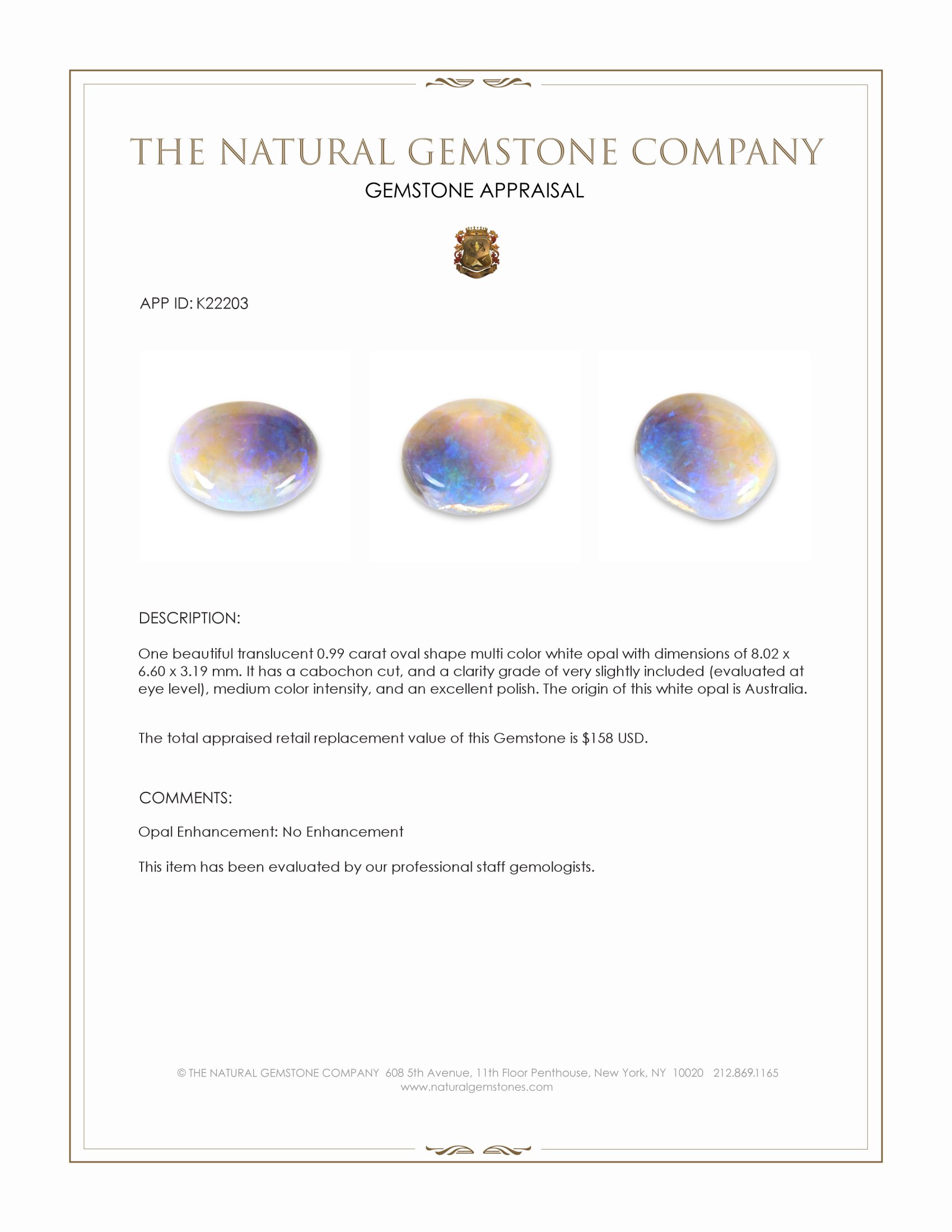 0.99 Ct. Cabochon White Opal from Australia