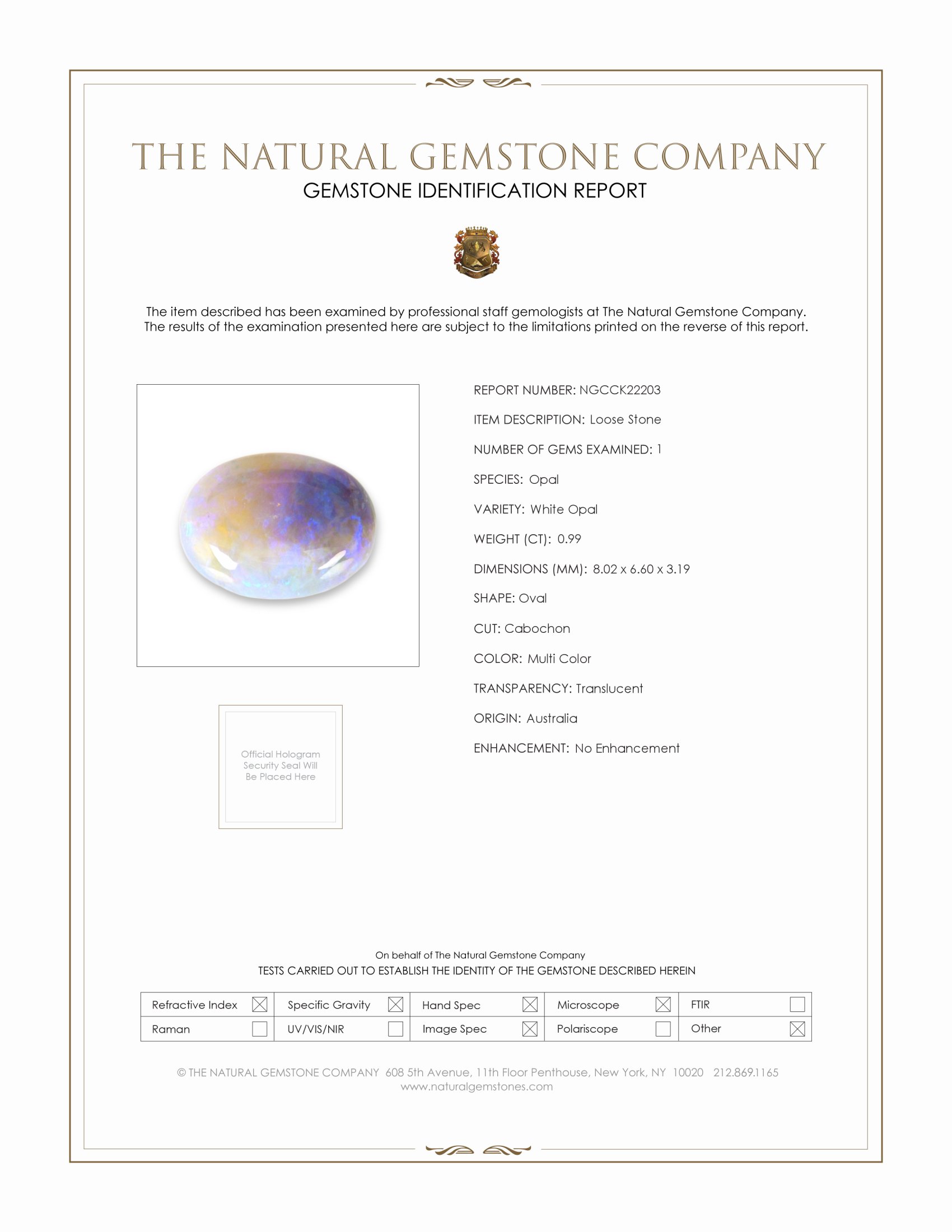 0.99 Ct. Multi Color Cabochon White Opal from Australia