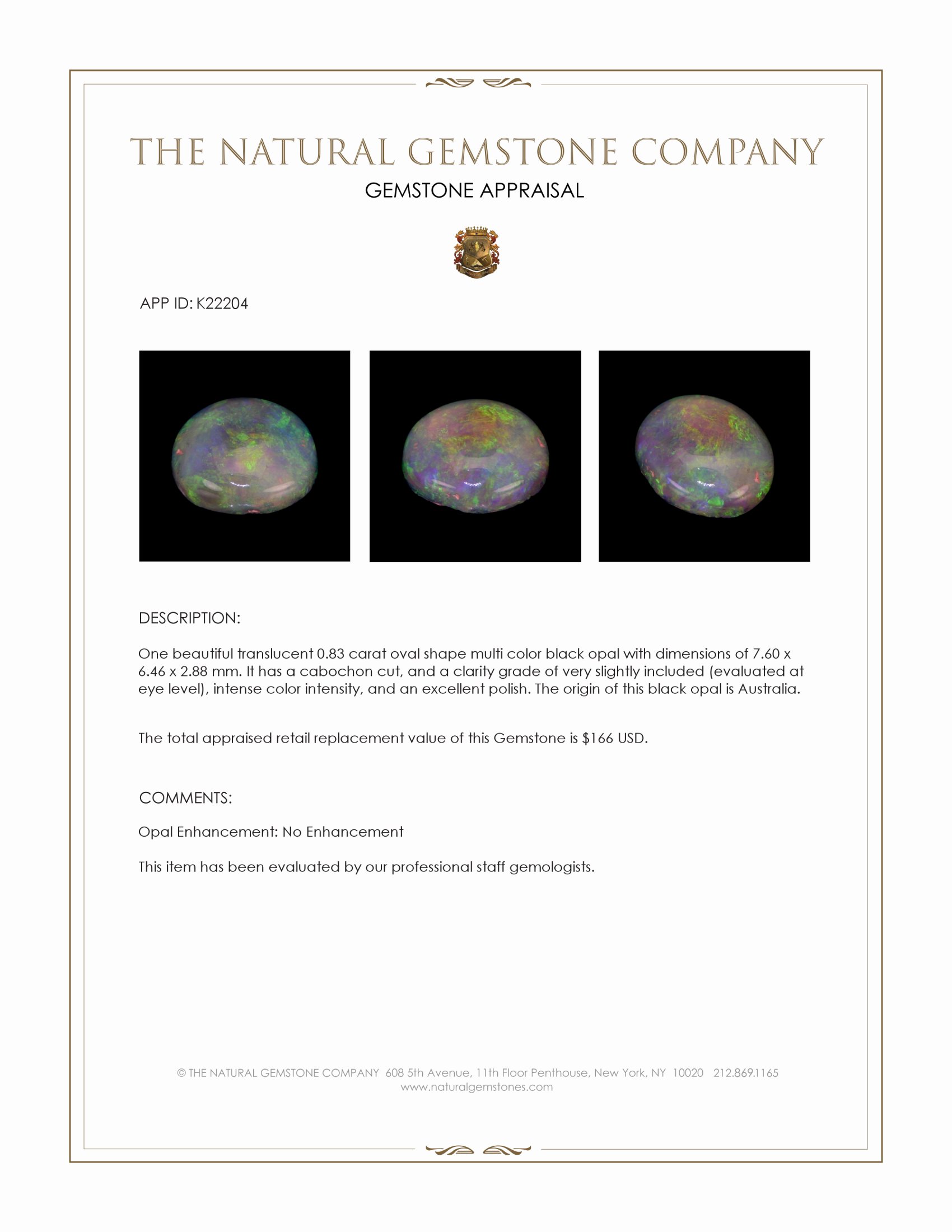 0.83 Ct. Cabochon Black Opal from Australia