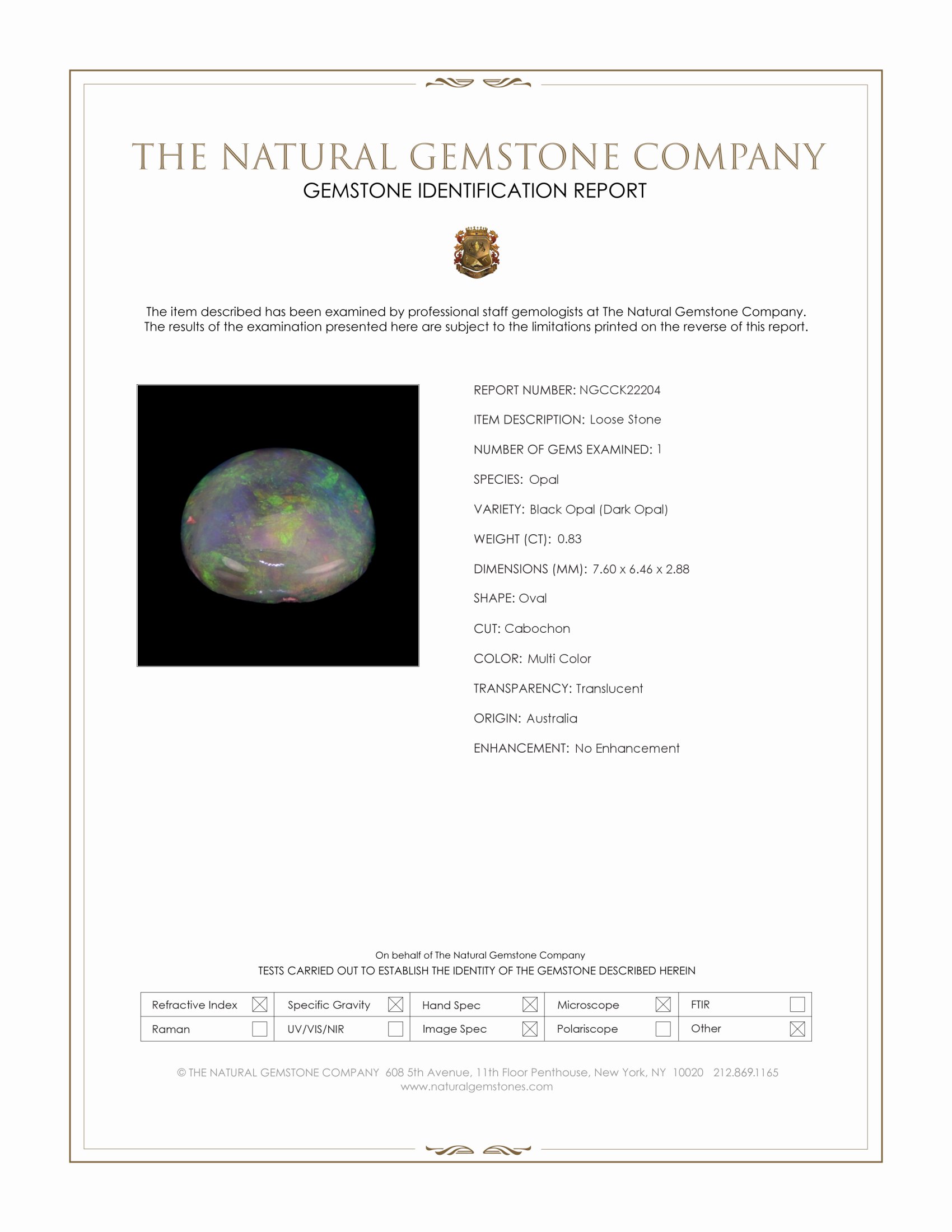 0.83 Ct. Multi Color Cabochon Black Opal (Dark Opal) from Australia