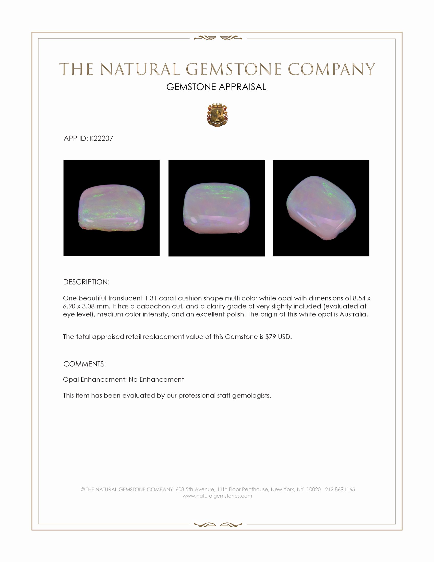 1.31 Ct. Cabochon White Opal from Australia