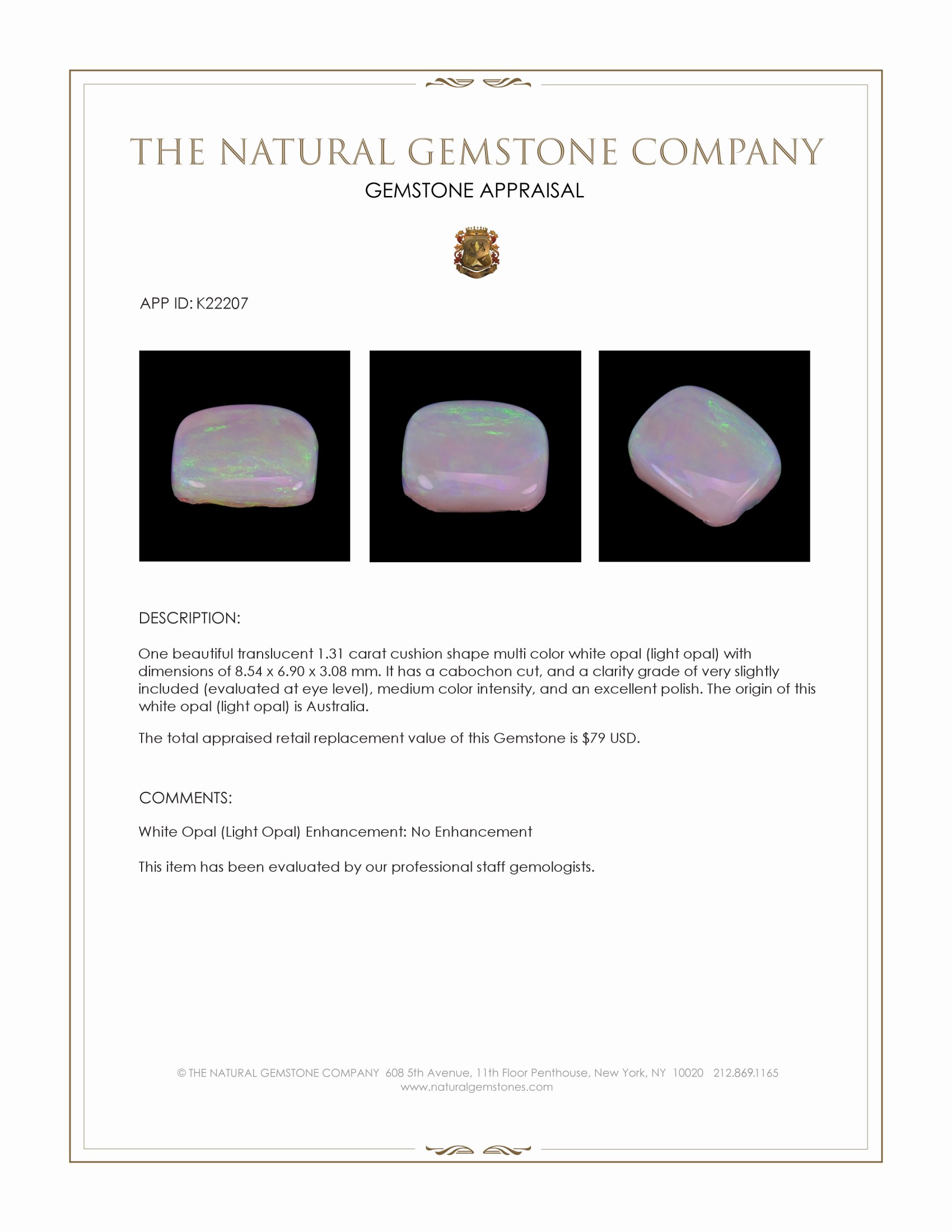 1.31 Ct. Multi Color Cabochon White Opal (Light Opal) from Australia
