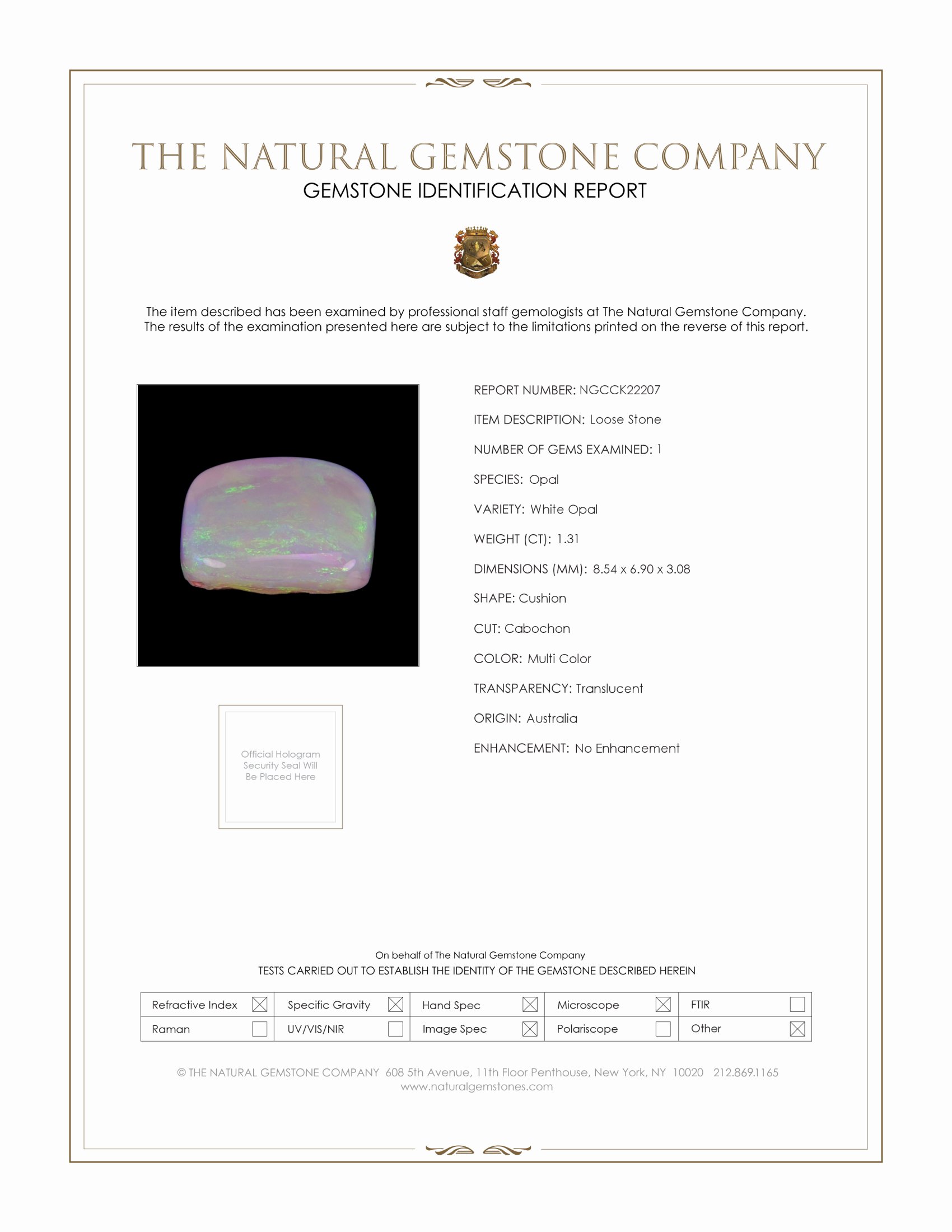 1.31 Ct. Multi Color Cabochon White Opal from Australia