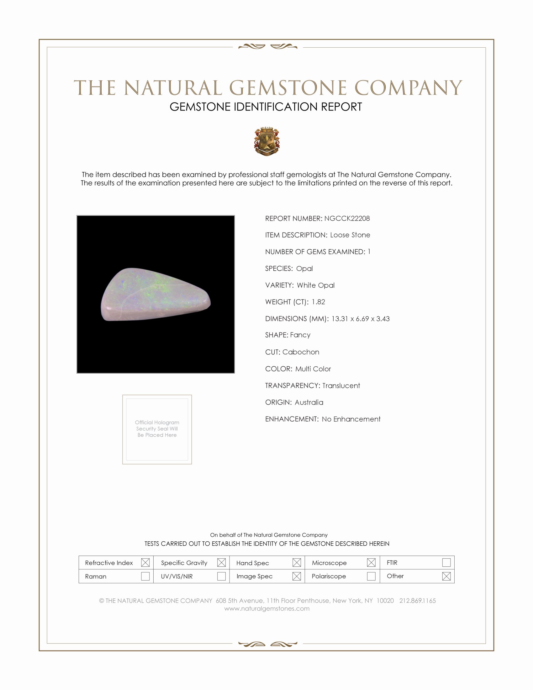 1.82 Ct. Multi Color Cabochon White Opal (Light Opal) from Australia