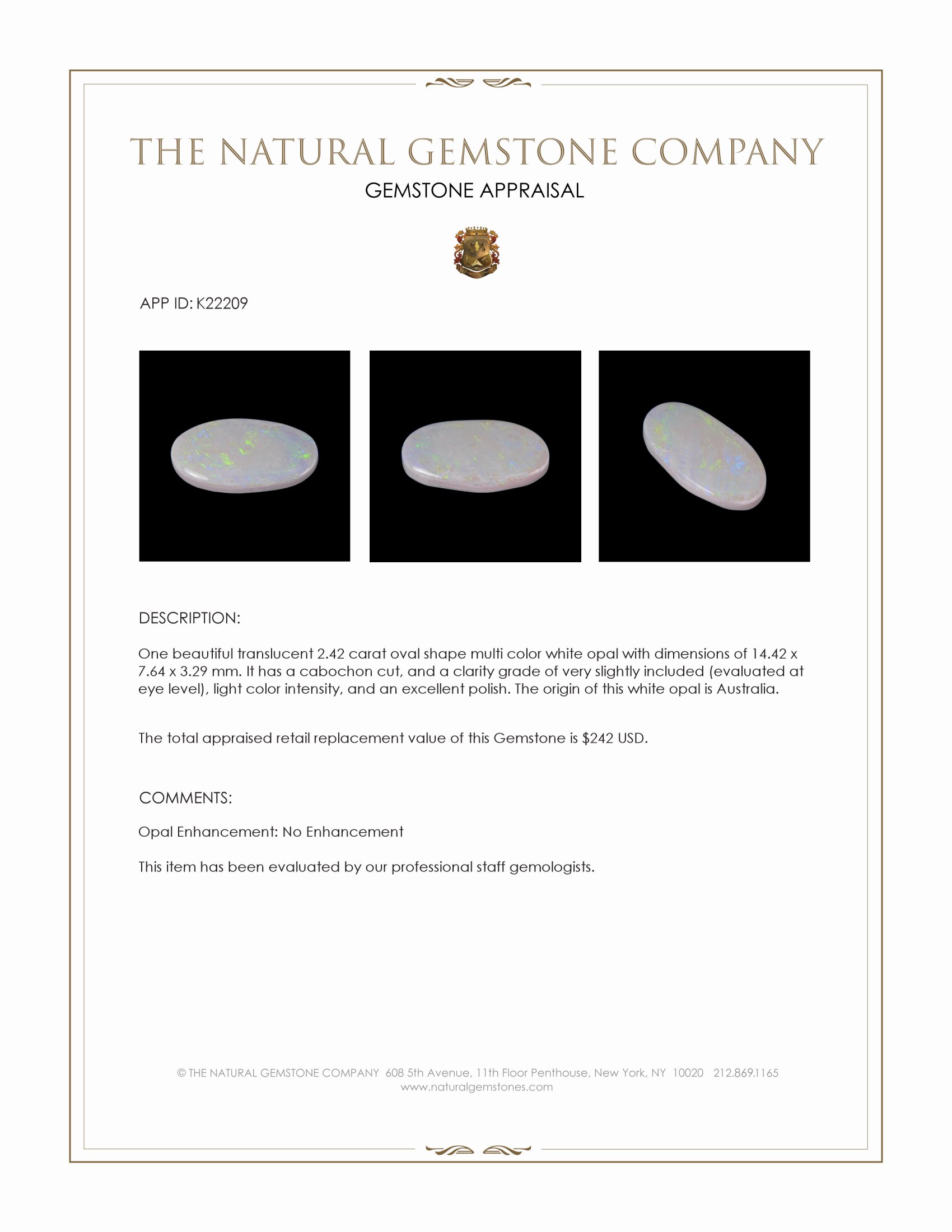 2.42 Ct. Cabochon White Opal from Australia