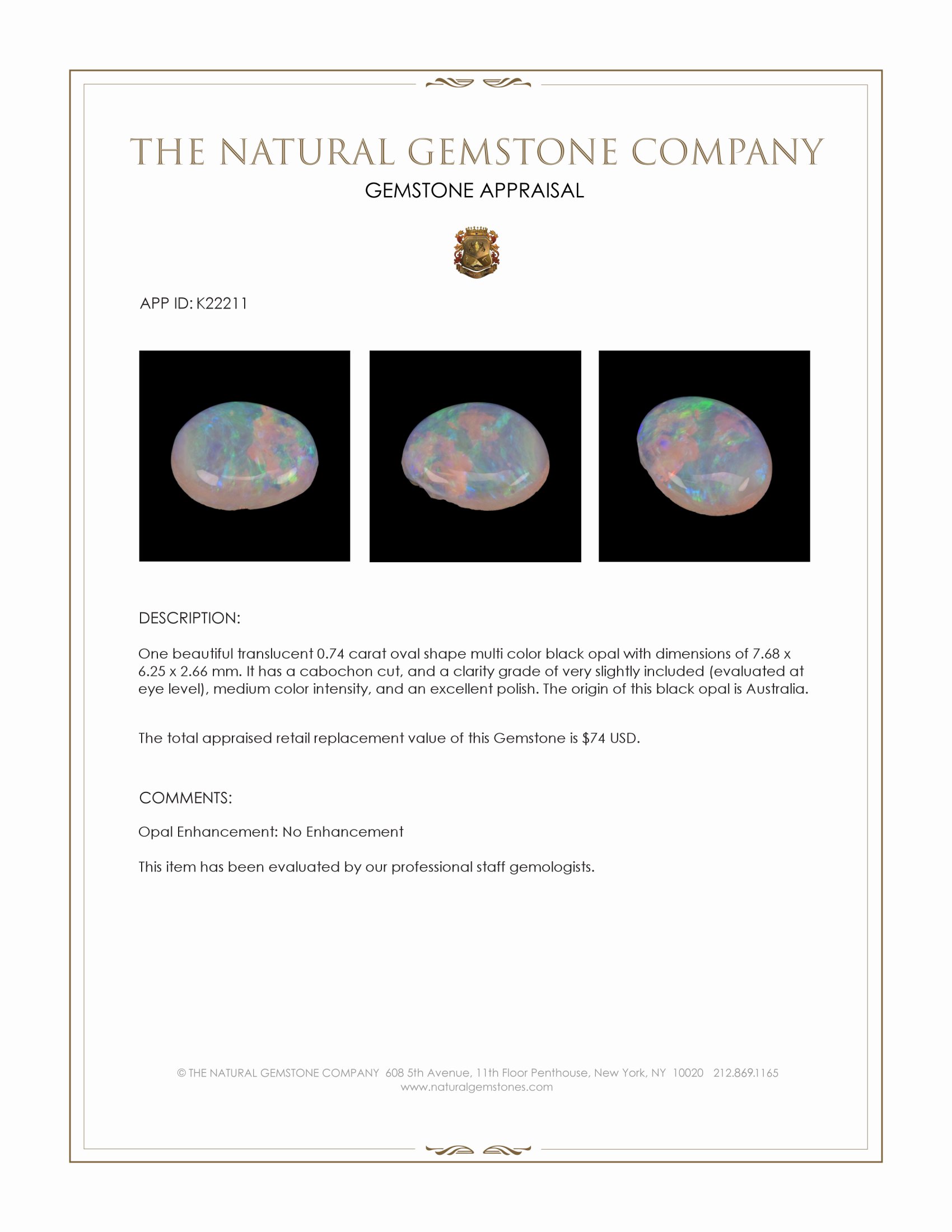 0.74 Ct. Cabochon Black Opal from Australia