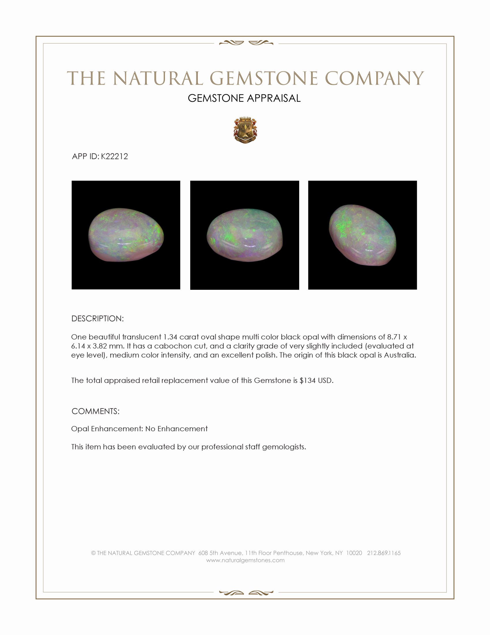 1.34 Ct. Cabochon Black Opal from Australia