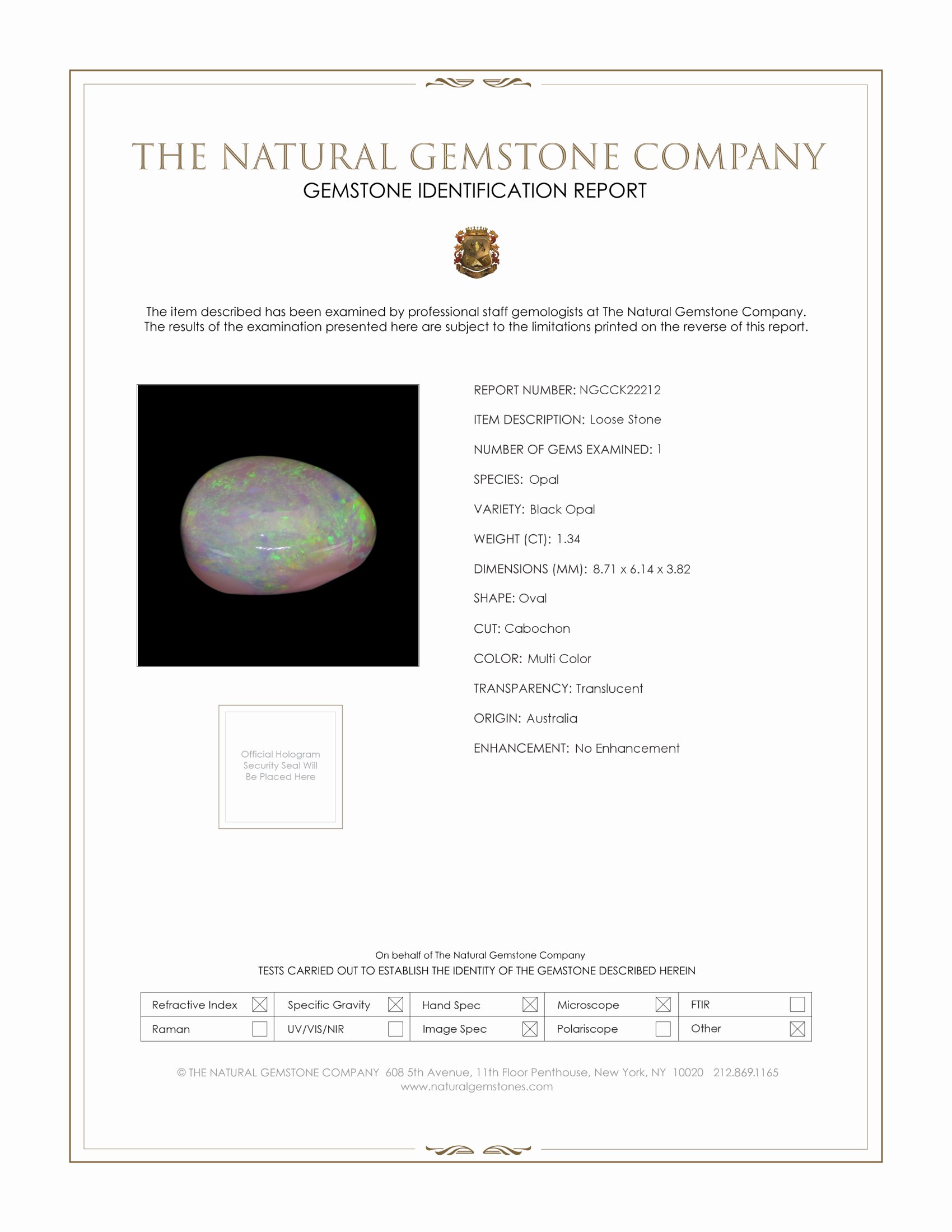 1.34 Ct. Multi Color Cabochon Black Opal (Dark Opal) from Australia