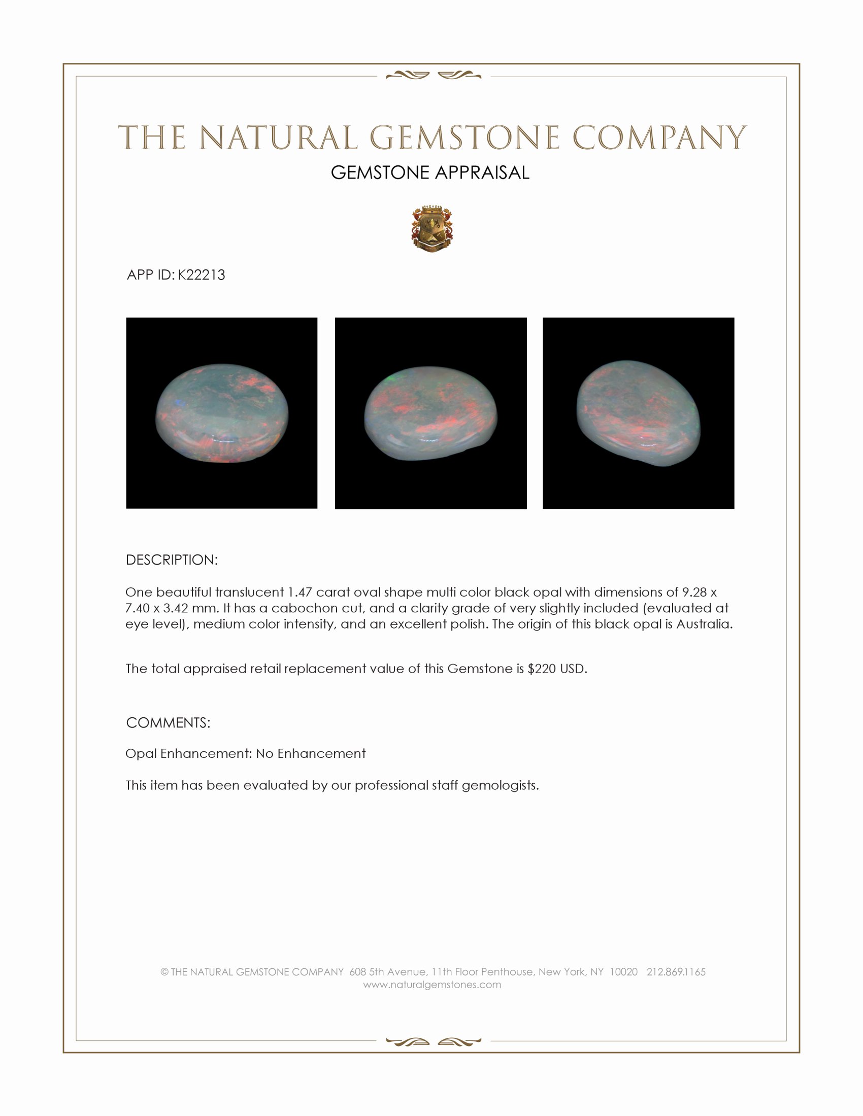 1.47 Ct. Cabochon Black Opal from Australia