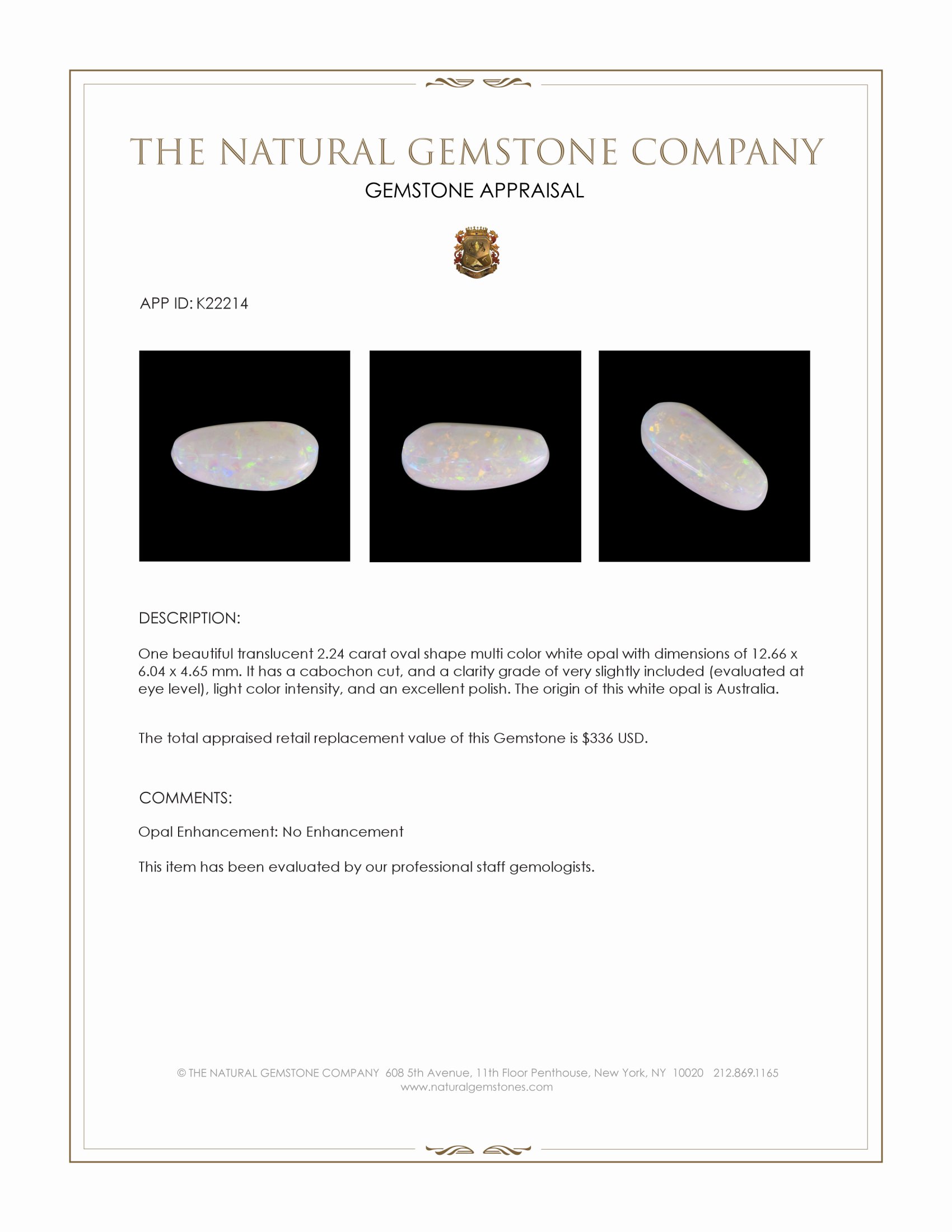 2.24 Ct. Cabochon White Opal from Australia