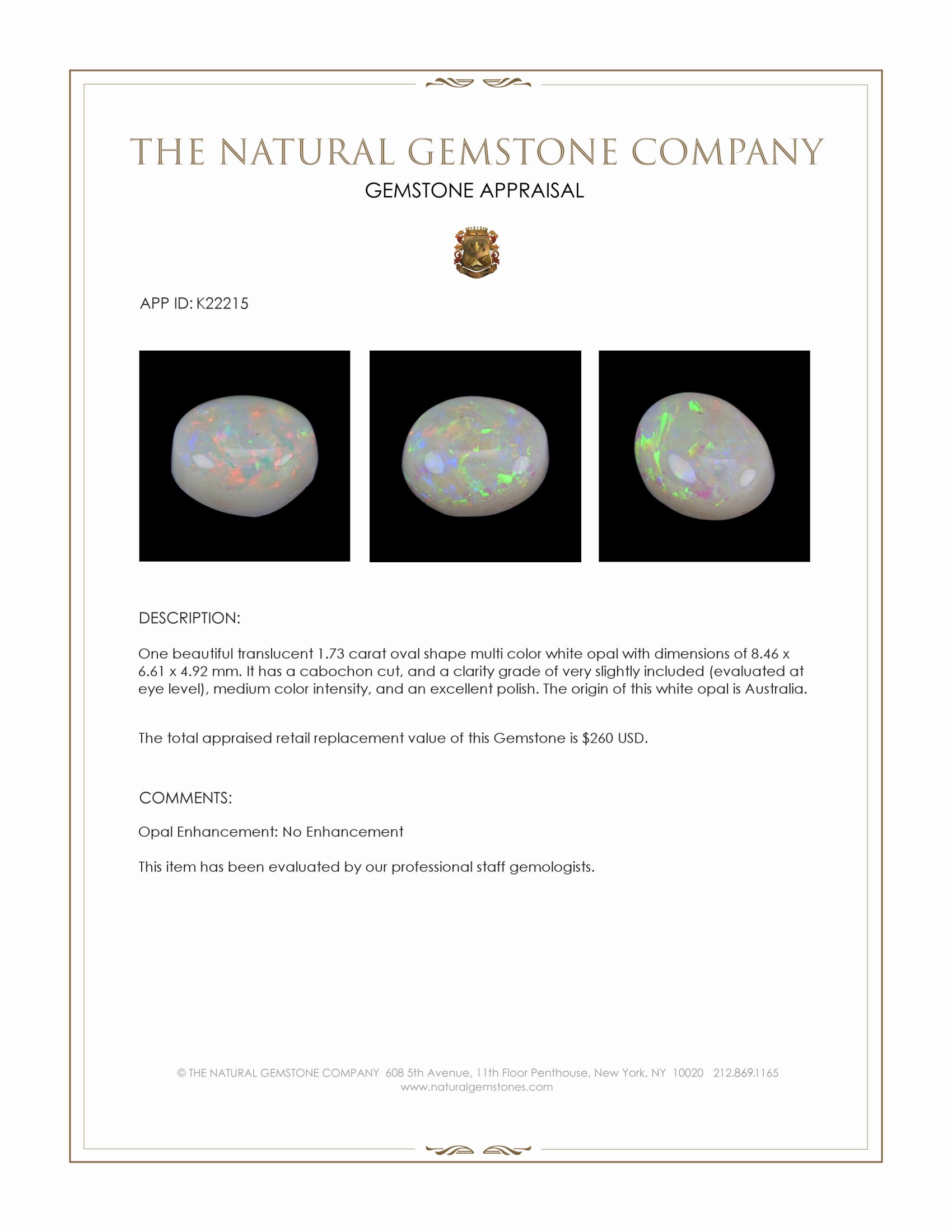 1.73 Ct. Cabochon White Opal from Australia