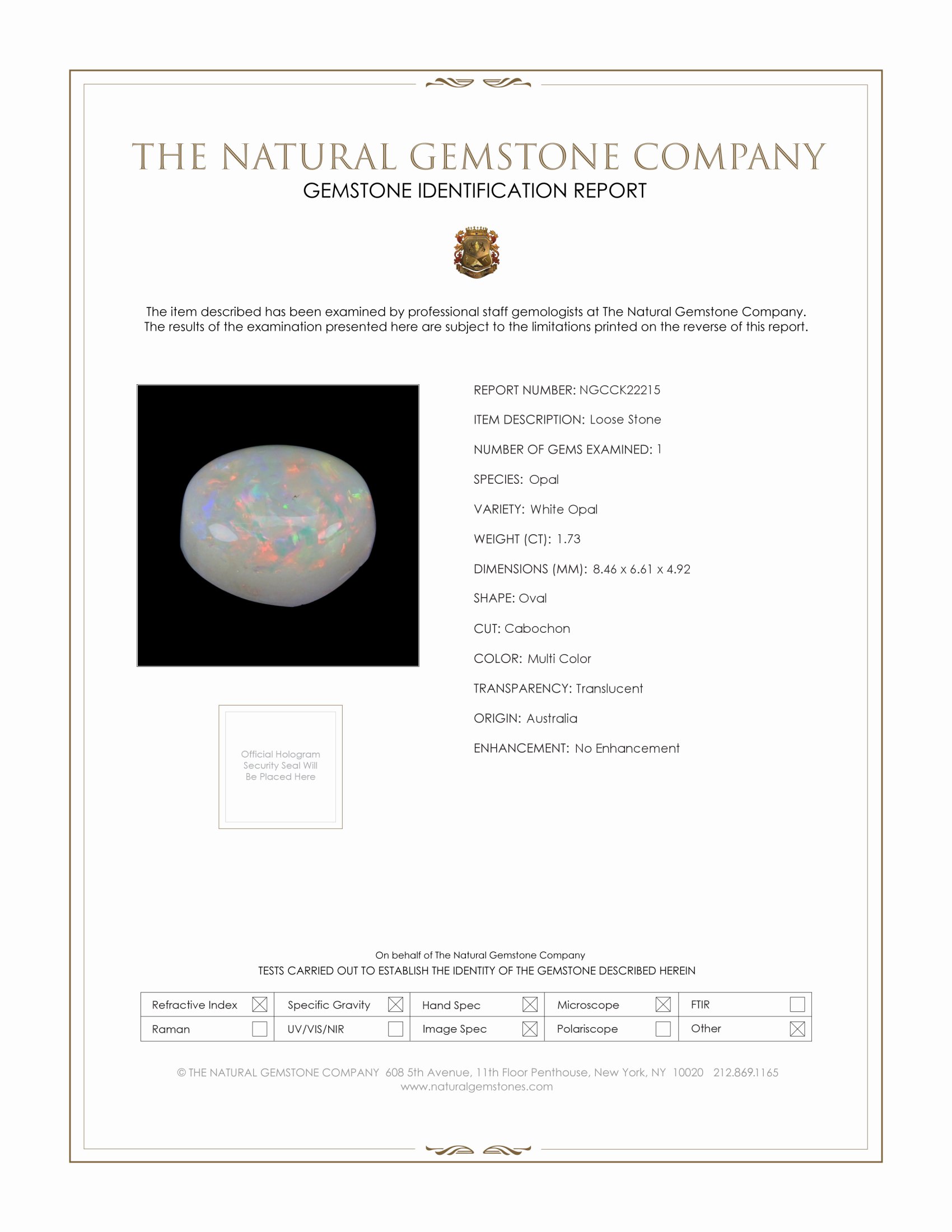 1.73 Ct. Multi Color Cabochon White Opal from Australia