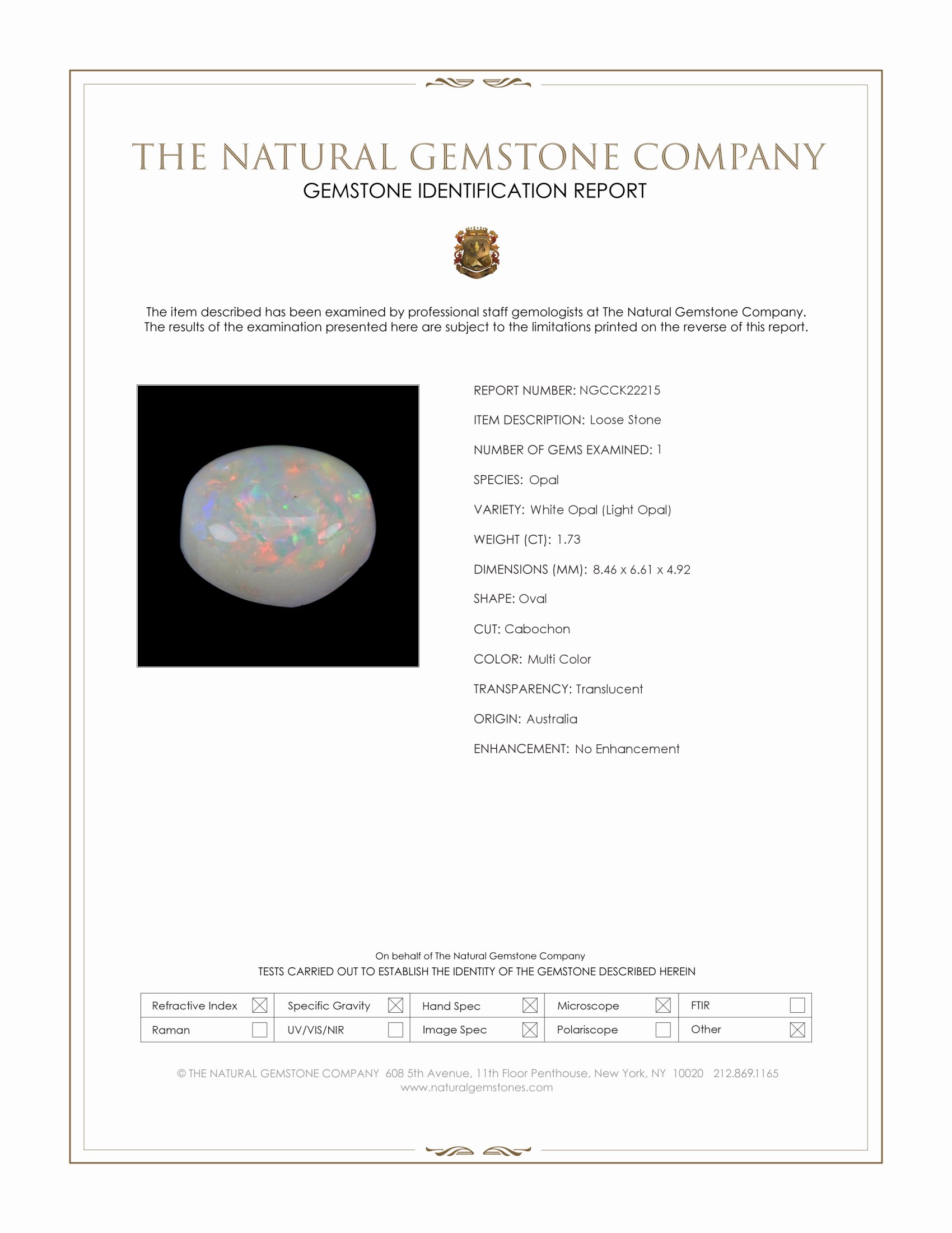 1.73 Ct. Multi Color Cabochon White Opal (Light Opal) from Australia