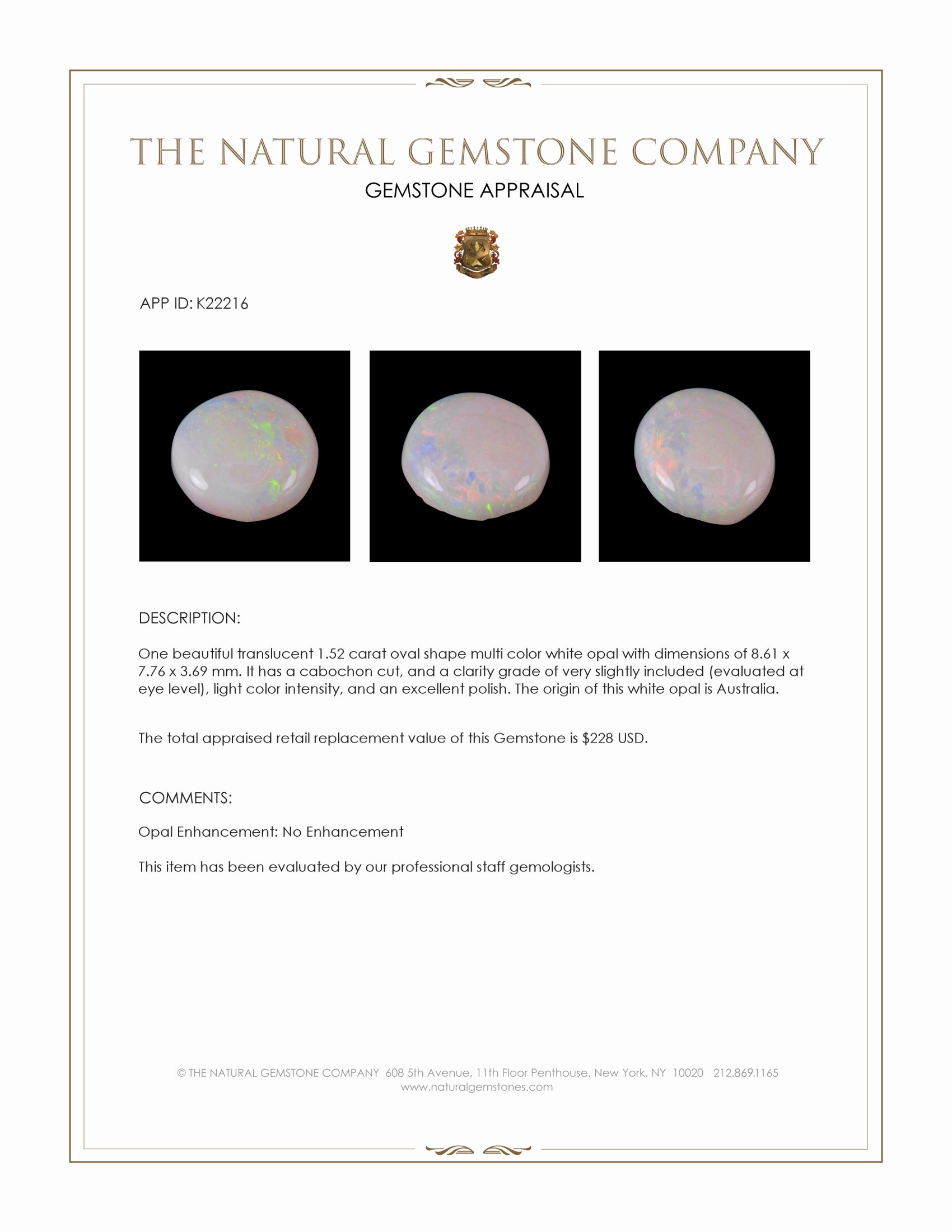 1.52 Ct. Cabochon White Opal from Australia