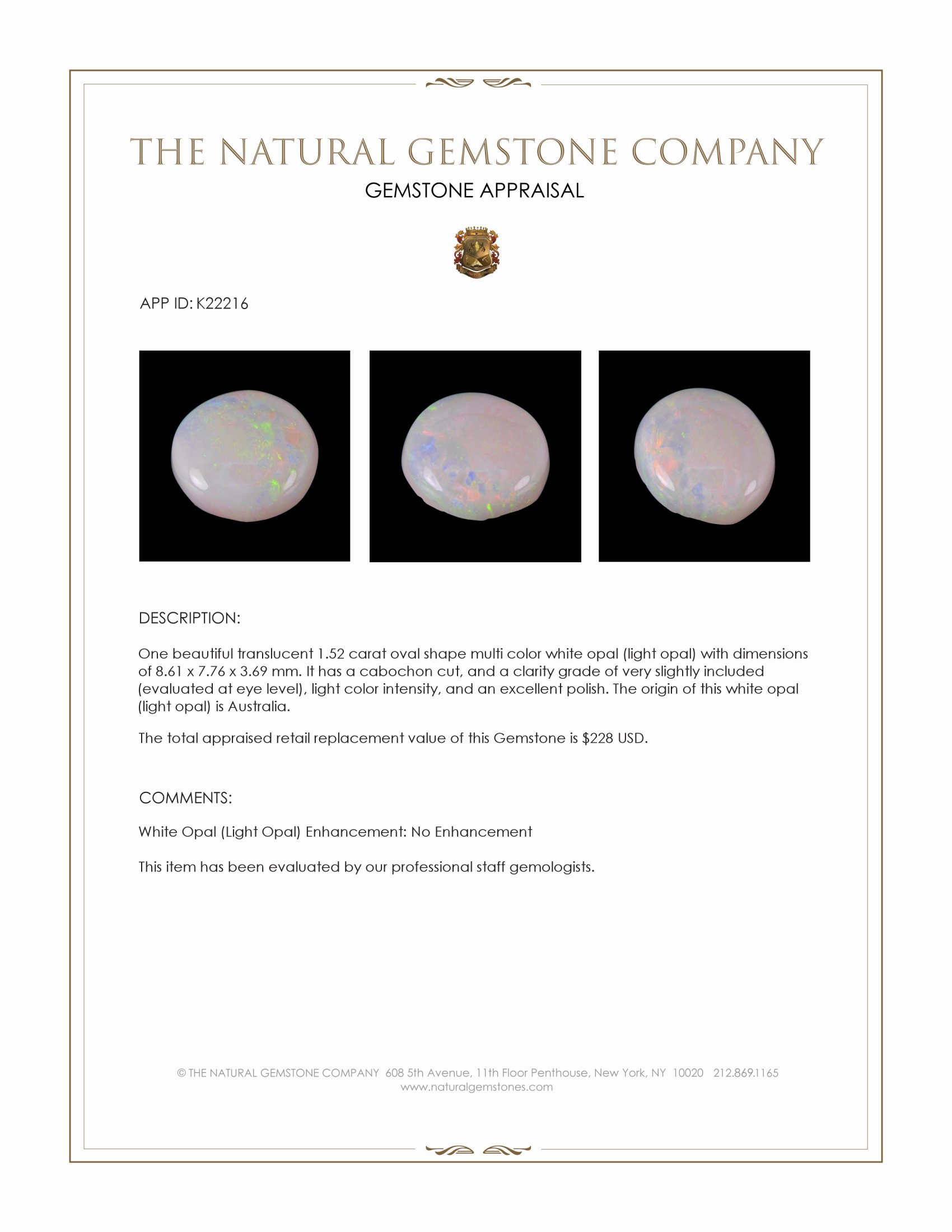 1.52 Ct. Multi Color Cabochon White Opal (Light Opal) from Australia