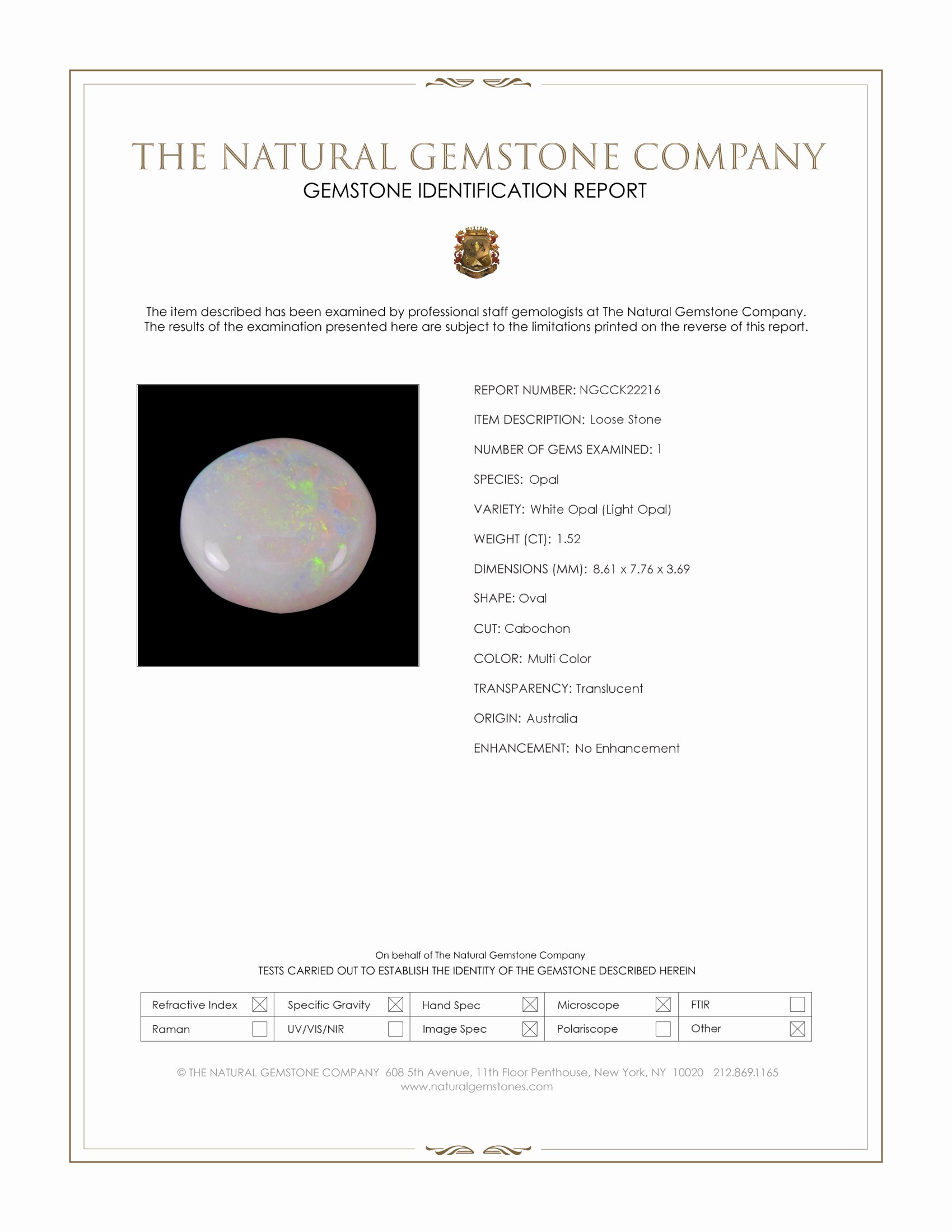 1.52 Ct. Multi Color Cabochon White Opal (Light Opal) from Australia