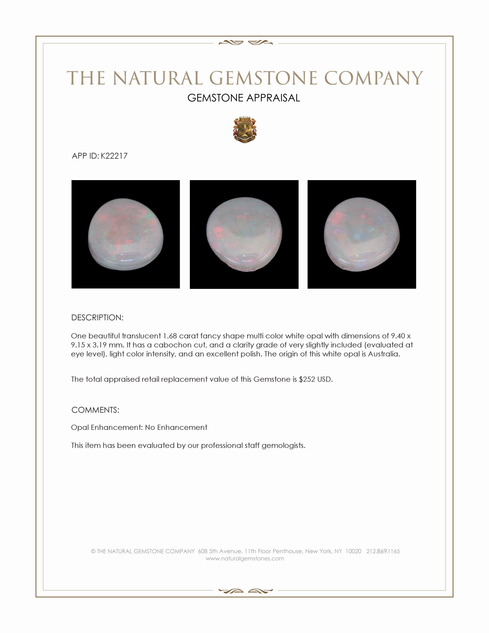 1.68 Ct. Cabochon White Opal from Australia