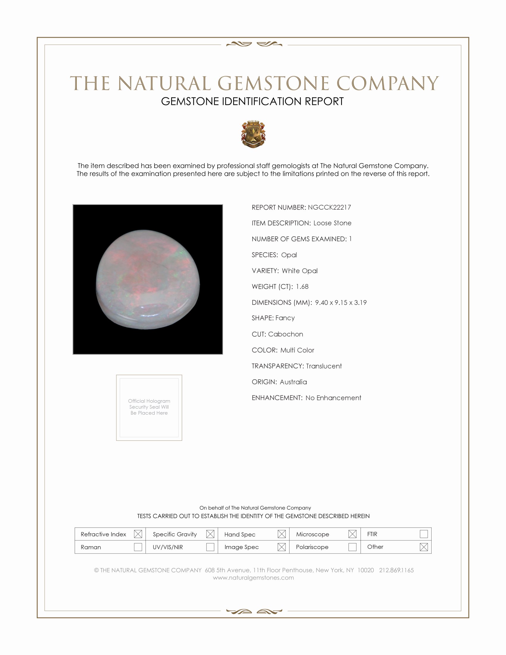 1.68 Ct. Multi Color Cabochon White Opal (Light Opal) from Australia