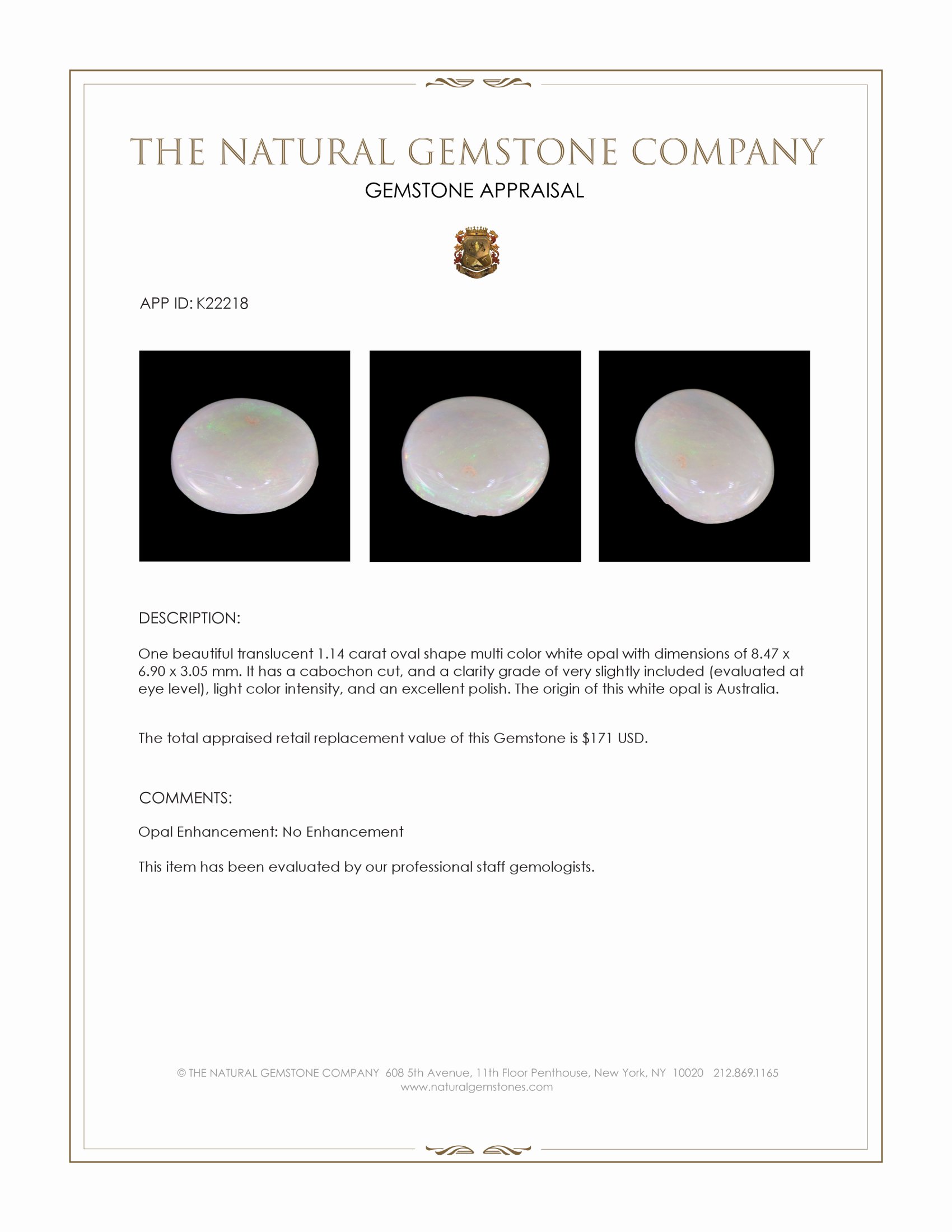 1.14 Ct. Cabochon White Opal from Australia