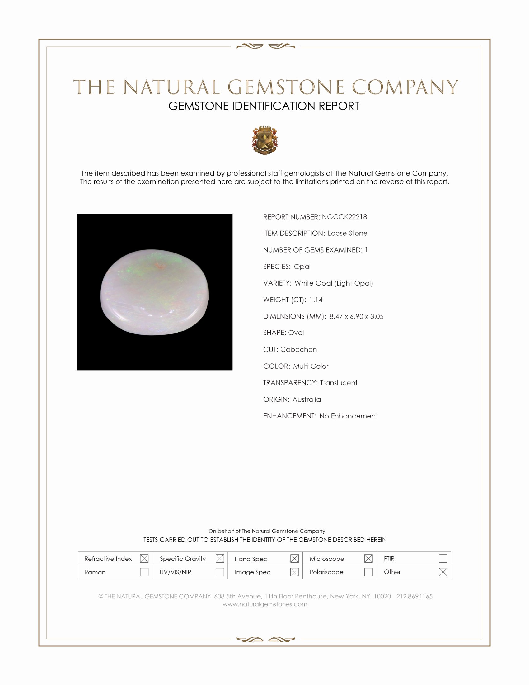 1.14 Ct. Multi Color Cabochon White Opal (Light Opal) from Australia