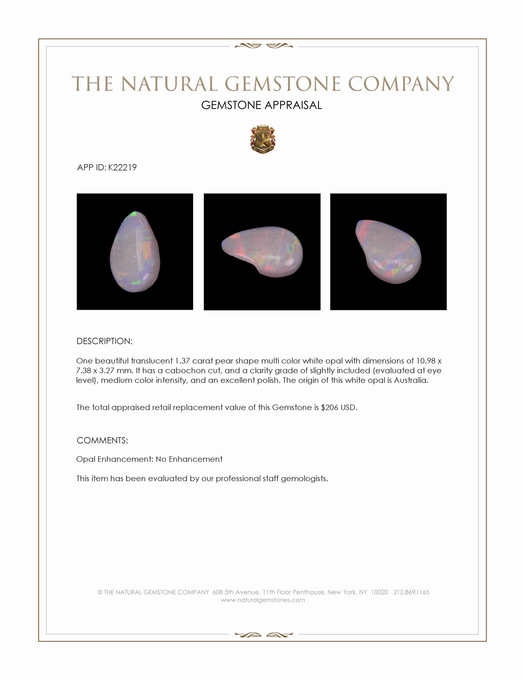 1.37 Ct. Cabochon White Opal from Australia