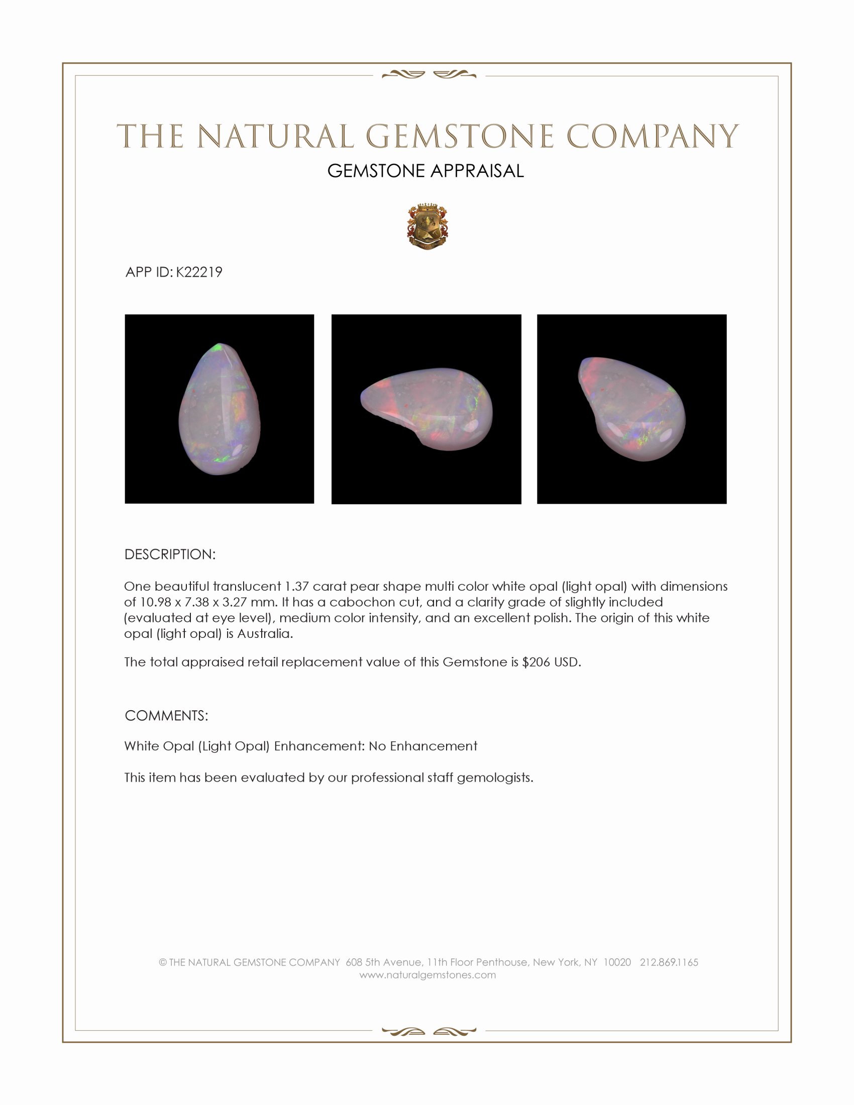 1.37 Ct. Multi Color Cabochon White Opal (Light Opal) from Australia
