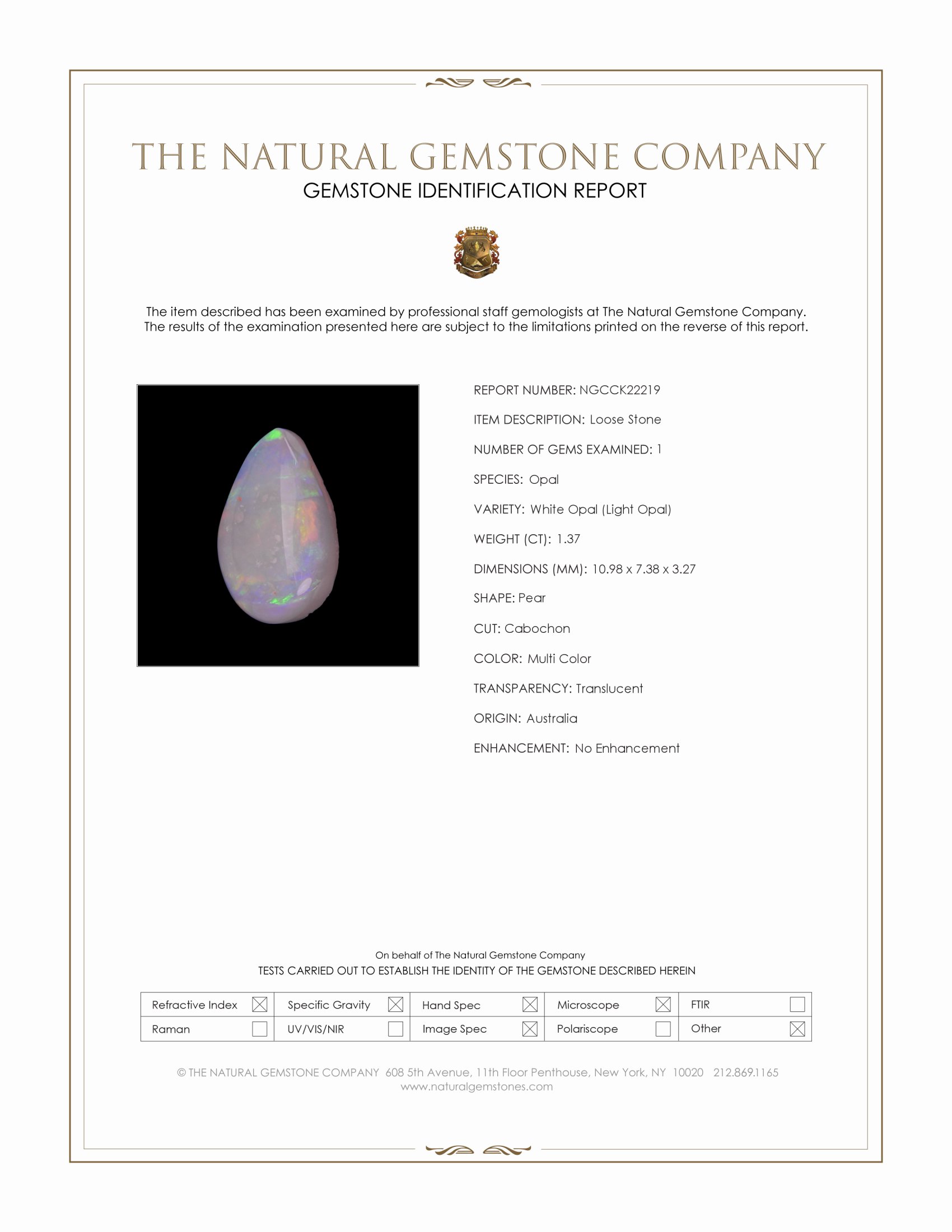 1.37 Ct. Multi Color Cabochon White Opal (Light Opal) from Australia