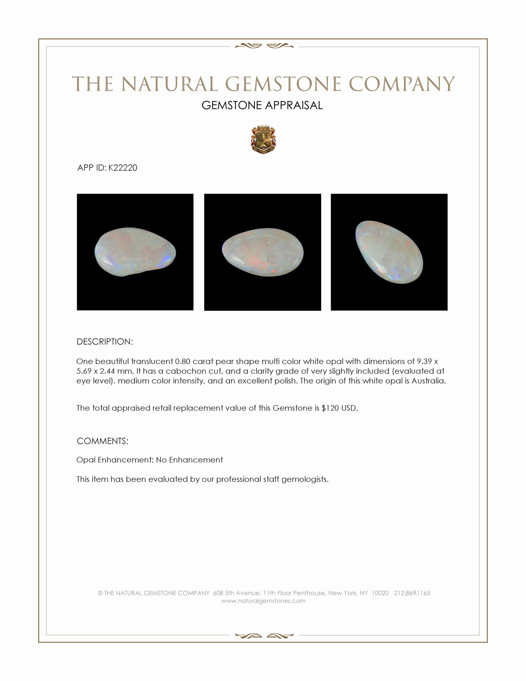 0.80 Ct. Cabochon White Opal from Australia