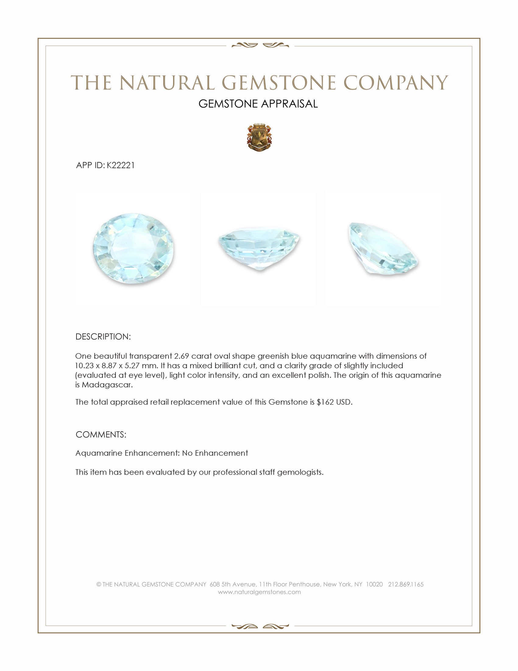 2.69 Ct. Greenish Blue Aquamarine from Madagascar