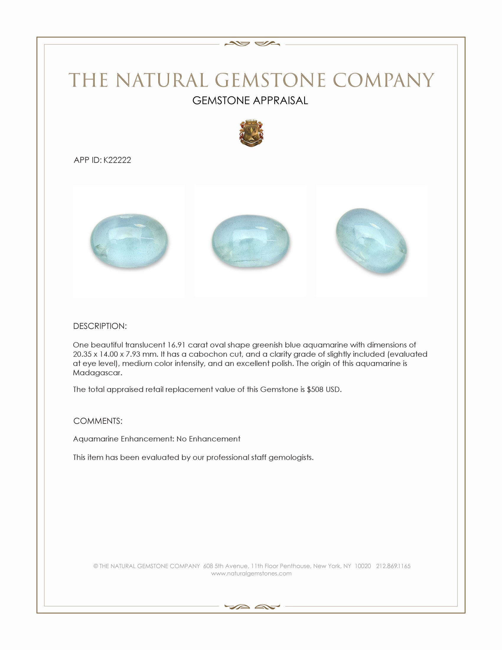 16.91 Ct. Greenish Blue Cabochon Aquamarine from Madagascar