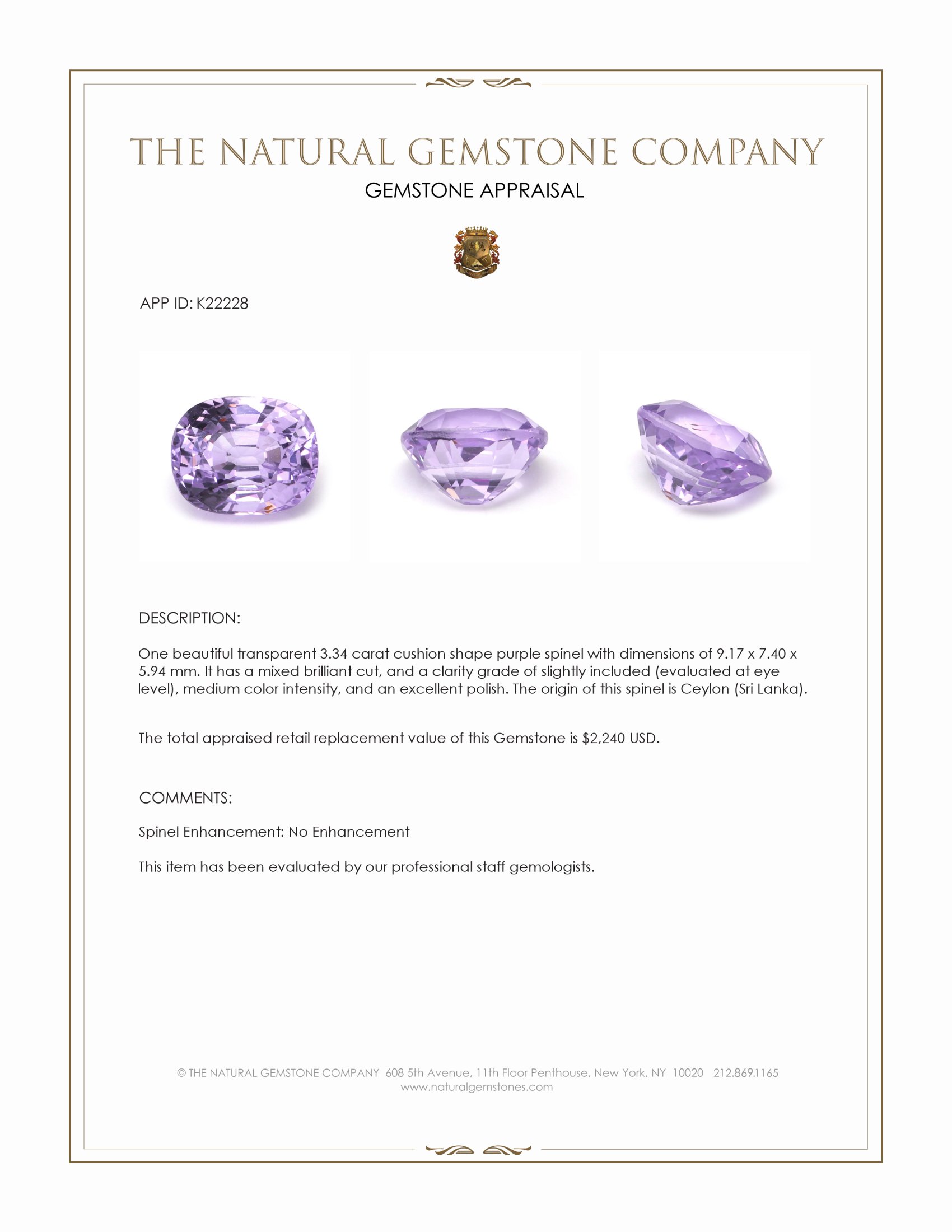 3.34 Ct. Purple Spinel from Ceylon (Sri Lanka)