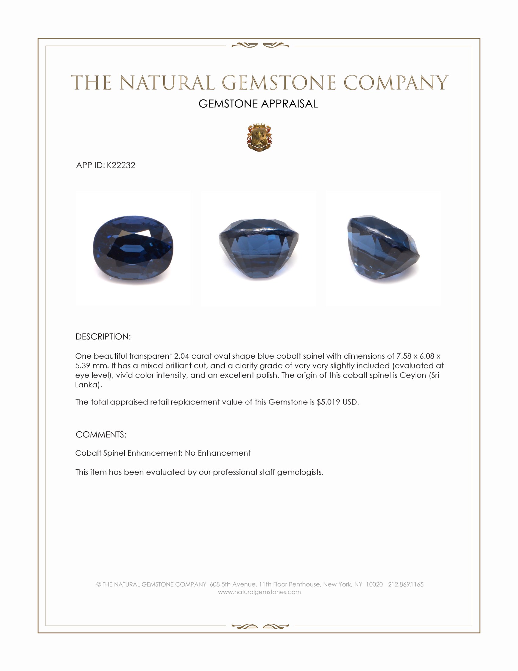 2.04 Ct. Blue Cobalt Spinel from Ceylon (Sri Lanka)