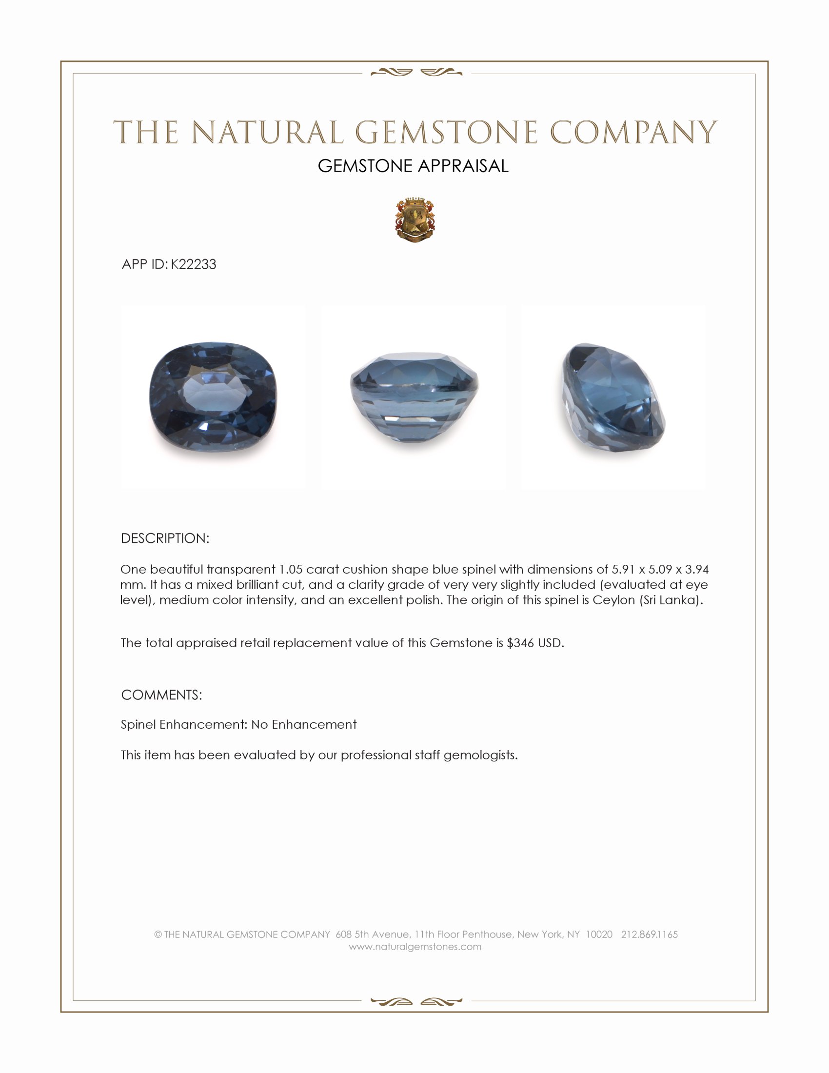 1.05 Ct. Blue Spinel from Ceylon (Sri Lanka)