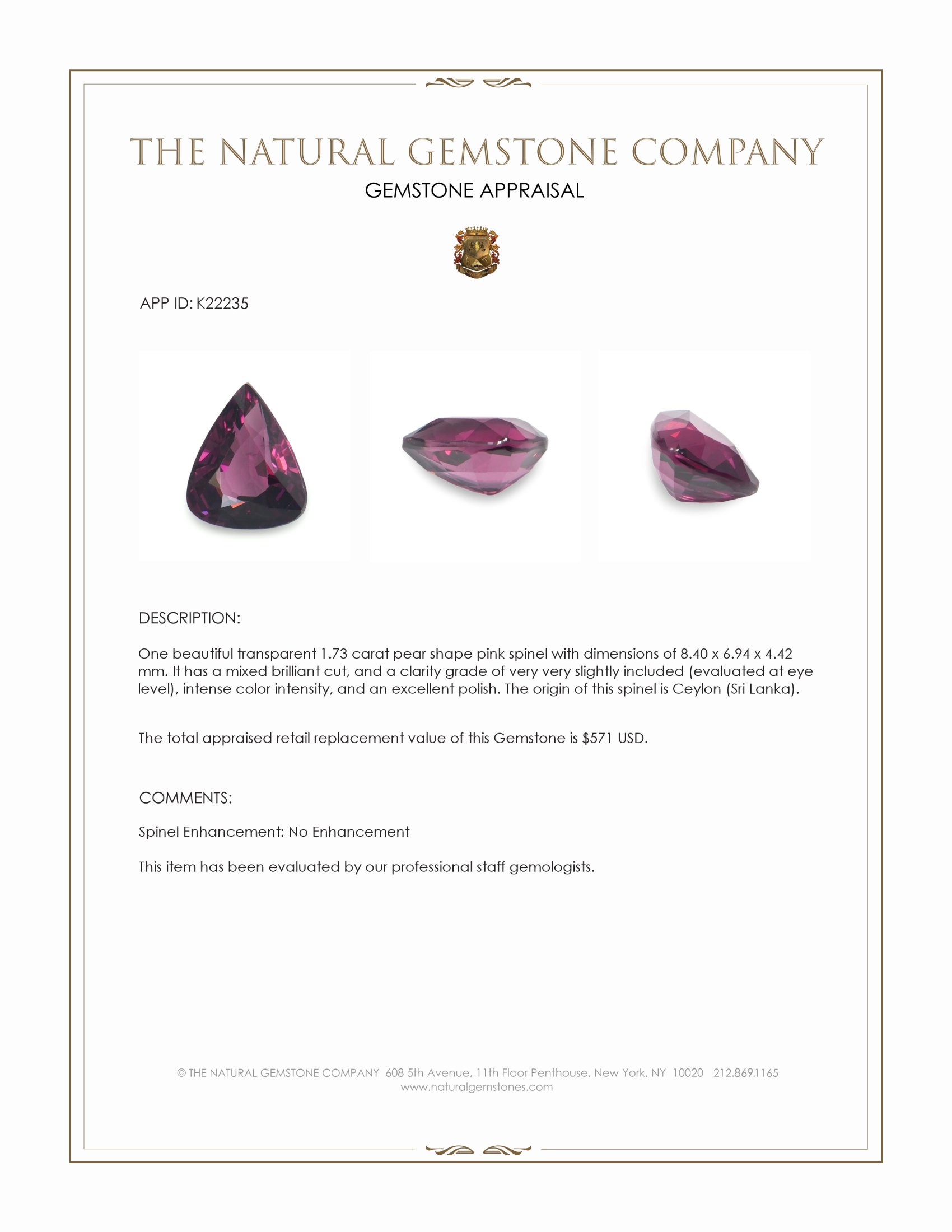 1.73 Ct. Pink Spinel from Ceylon (Sri Lanka)