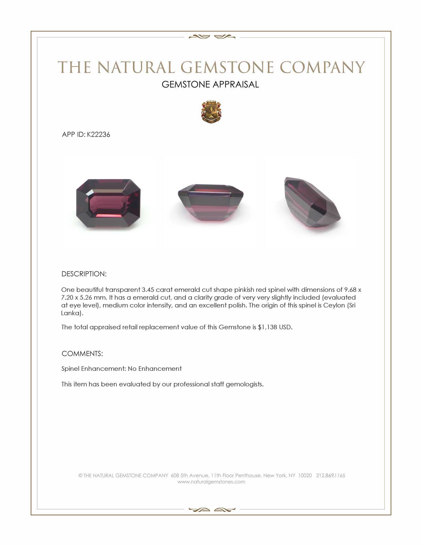 3.45 Ct. Pinkish Red Spinel from Ceylon (Sri Lanka)