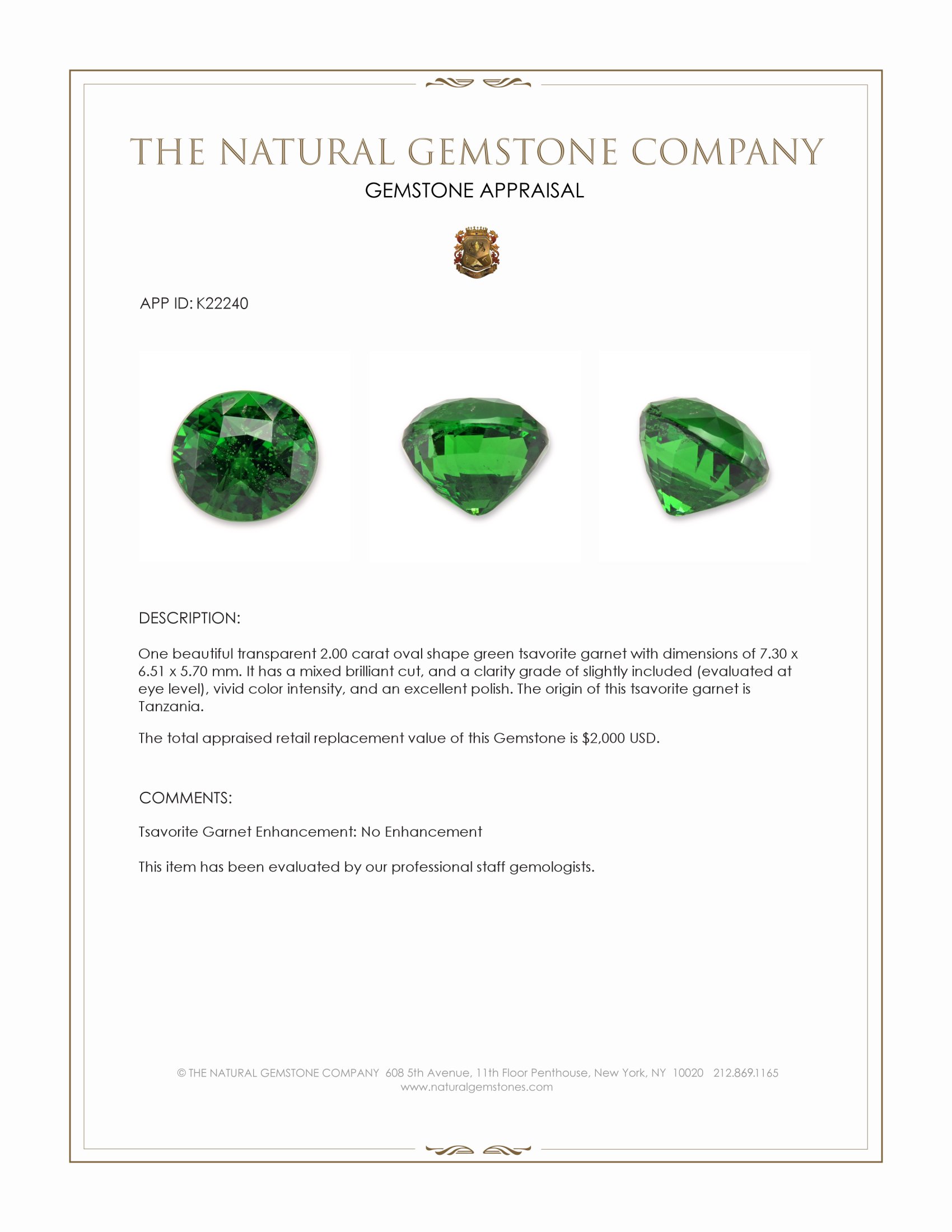 2.00 Ct. Tsavorite Garnet from Tanzania