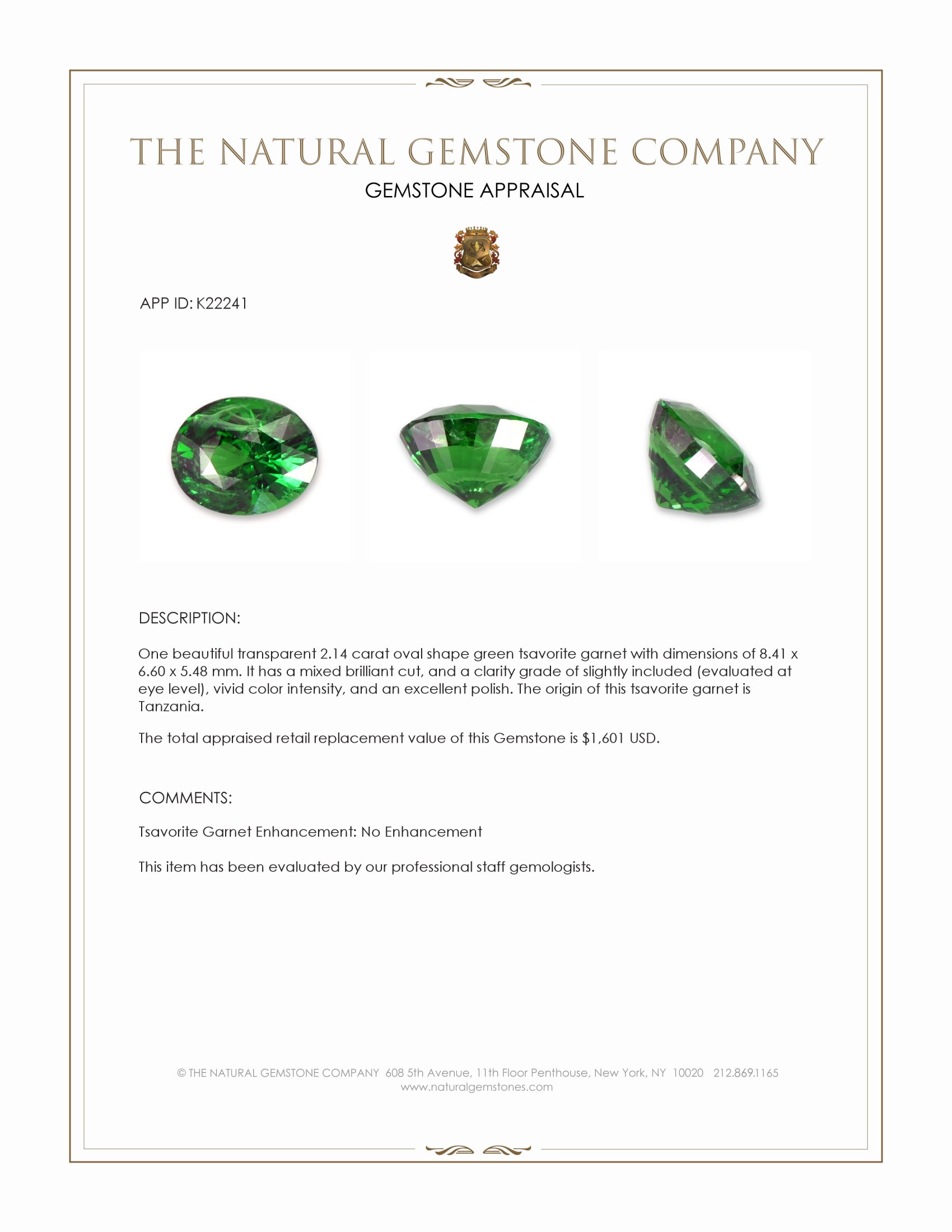 2.14 Ct. Tsavorite Garnet from Tanzania