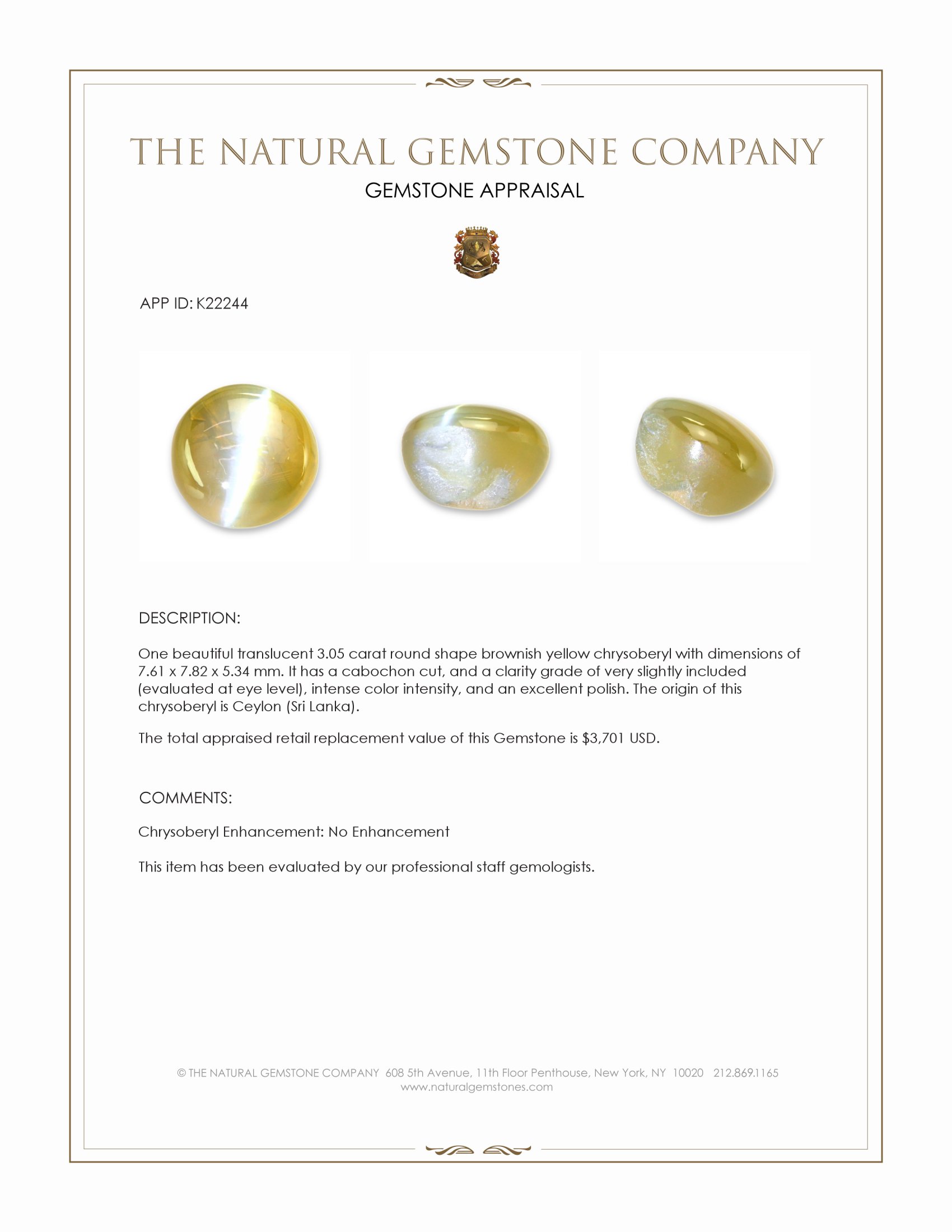 3.05 Ct. Brownish Yellow Cabochon Chrysoberyl from Ceylon (Sri Lanka)