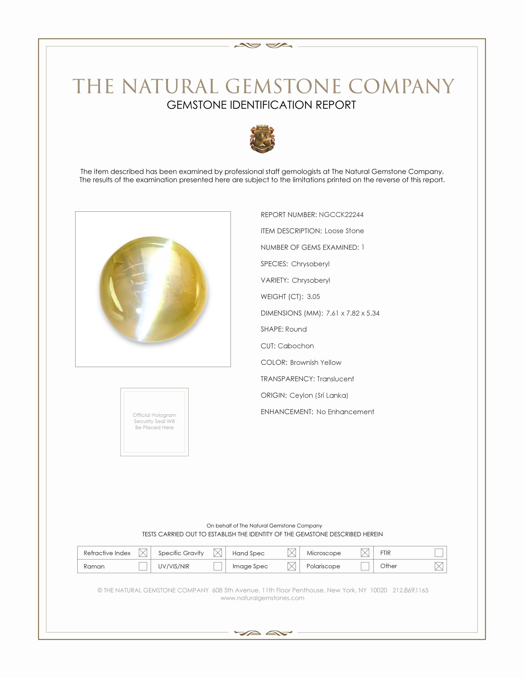 3.05 Ct. Brownish Yellow Cabochon Chrysoberyl from Ceylon (Sri Lanka)