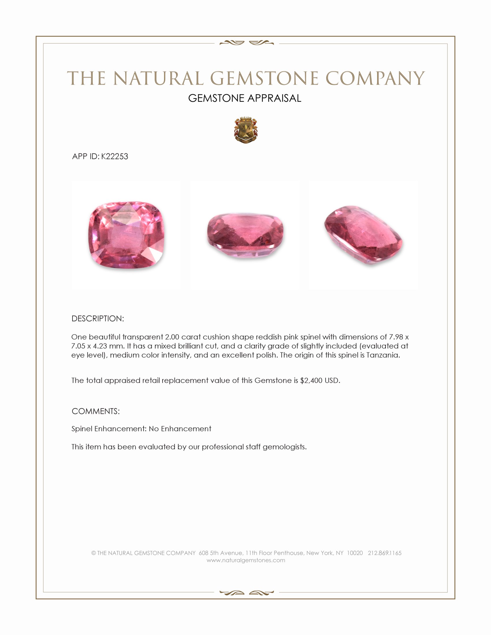 2.00 Ct. Reddish Pink Spinel from Tanzania
